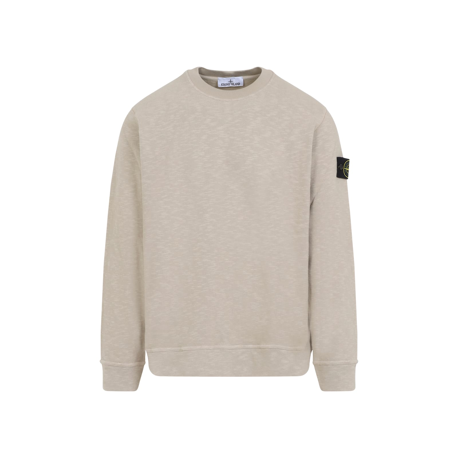 Stone Island Beige Cotton Sweatshirt With Signature Patch And Ribbed Edges In Brown