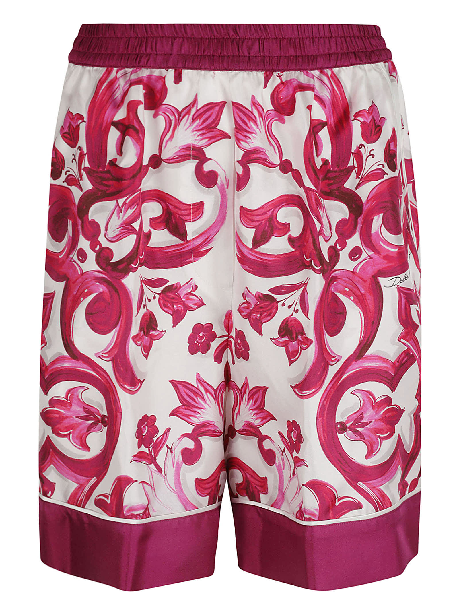 Dolce & Gabbana Majolica Print High-waist Silk Twill Shorts In Fuxia
