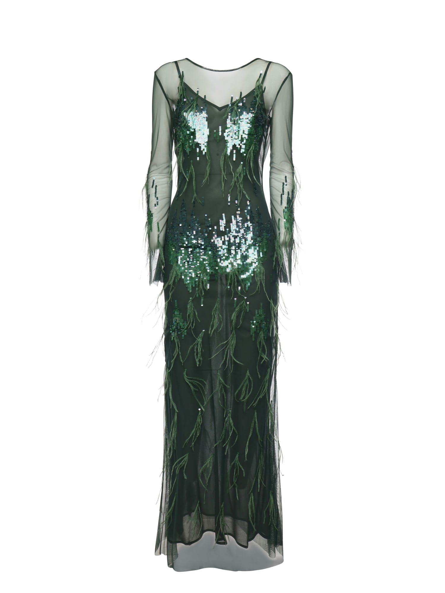 Pinko Dress With Sequins And Feathers In Green