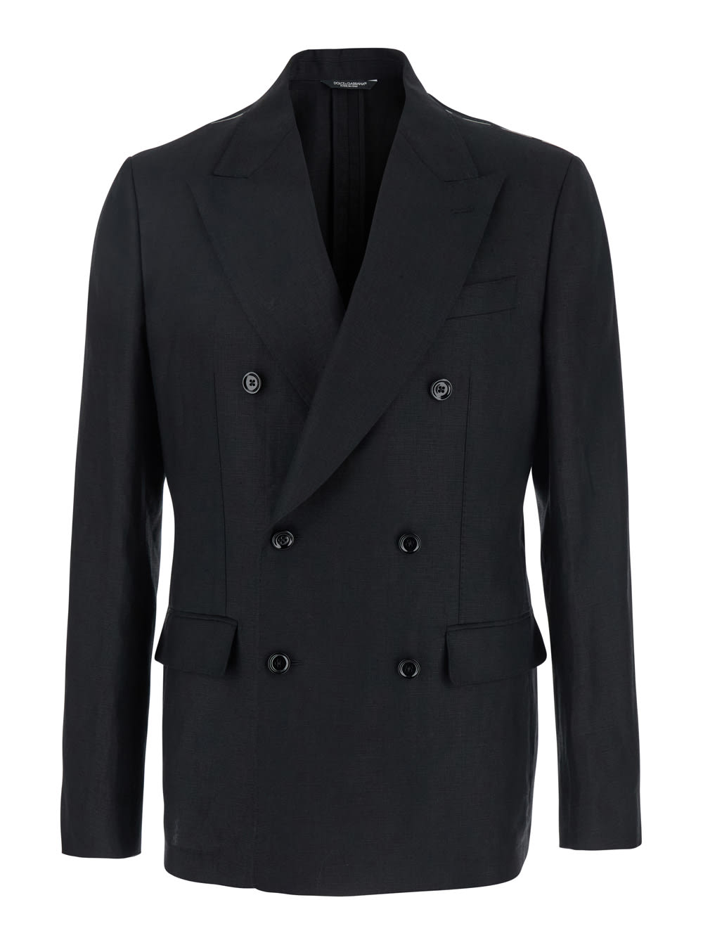 Black Double-breasted Jacket With Peak Revers In Linen Man