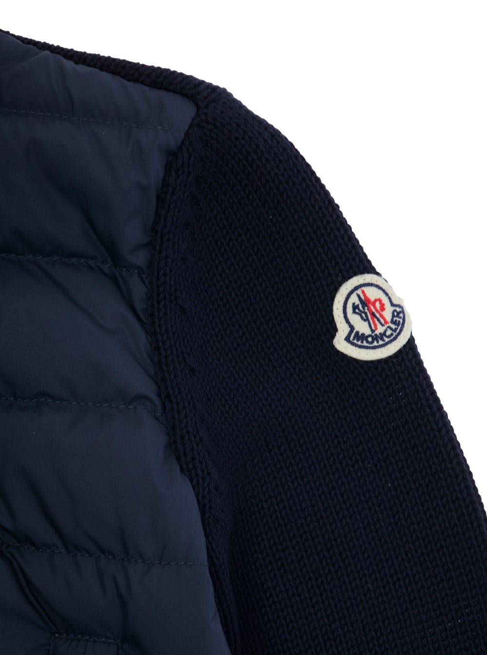Moncler Blue Cardigan With Logo Patch Applied On The Sleeve In Wool And Tech Fabric Blend Boy In Blue