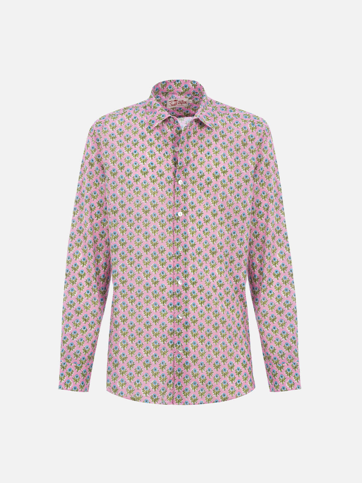 Mc2 Saint Barth Man Muslin Cotton Shirt Sikelia With Radical Flower Print In Pink