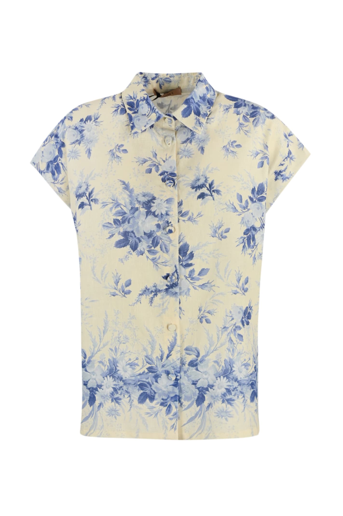 Shop Twinset Floral Print Linen Blend Shirt In Avorio E Blu