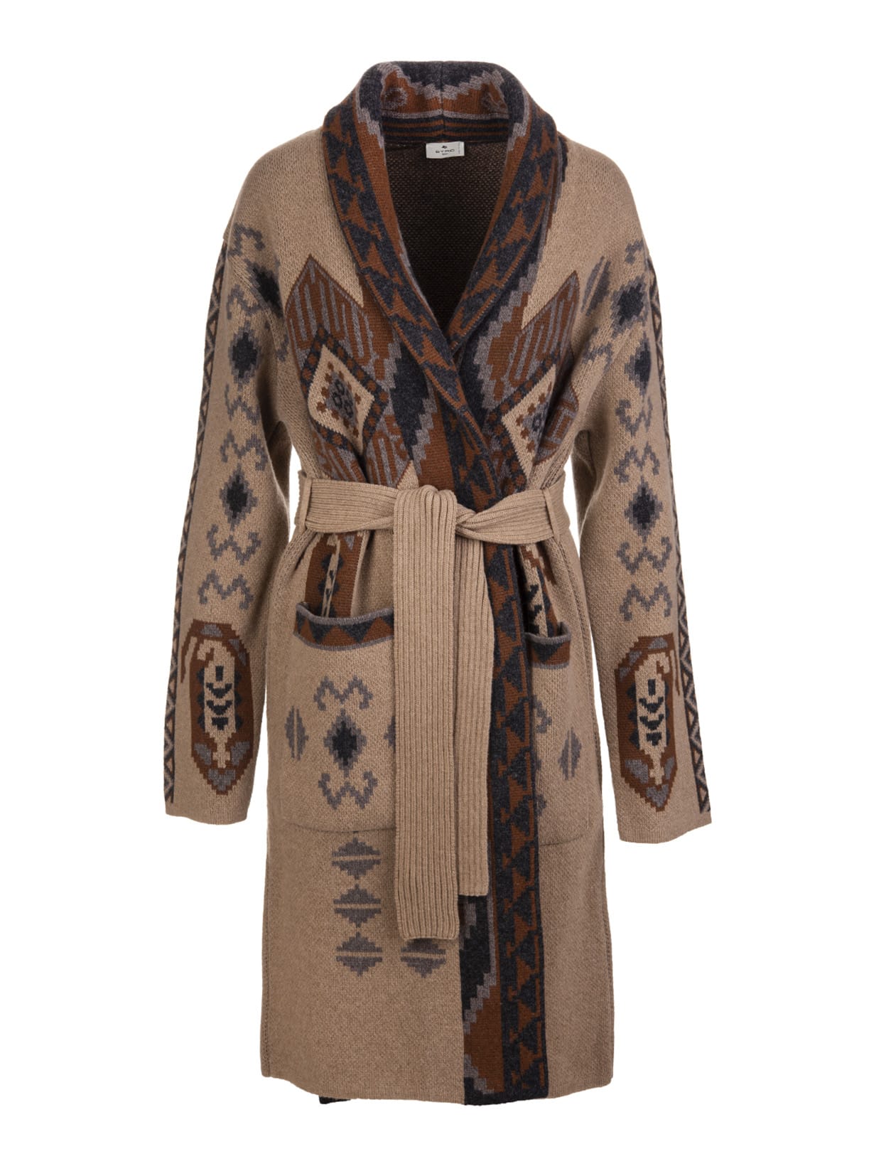 Etro Woman Beige Jacquard Coat With Geometric Pattern