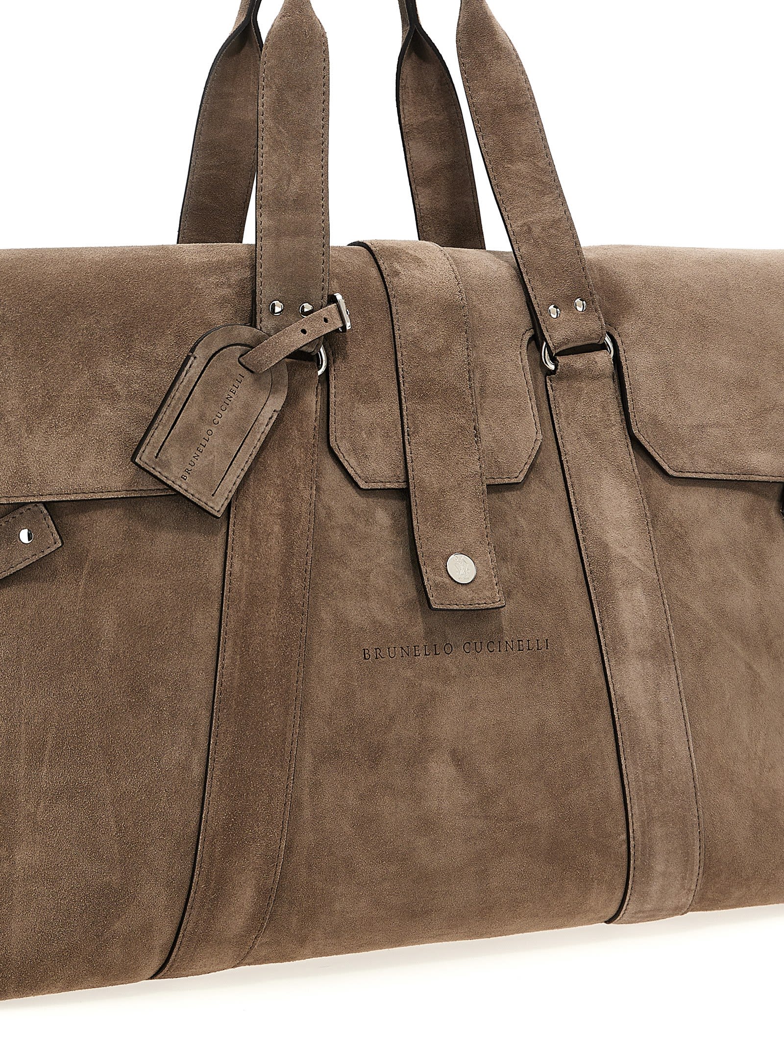 Shop Brunello Cucinelli Logo Suede Duffel Bag In Beige