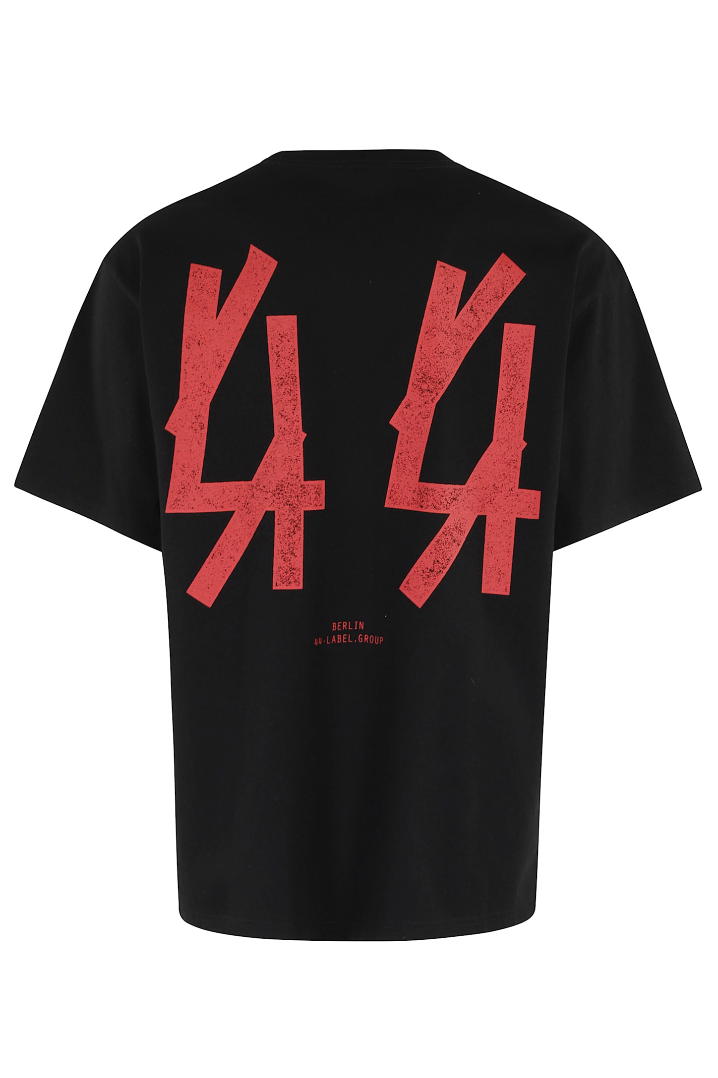 44 Label Group Black T-shirt With Print On The Front And Maxi Logo On The Back In Cotton Man In Black Guestlist Red