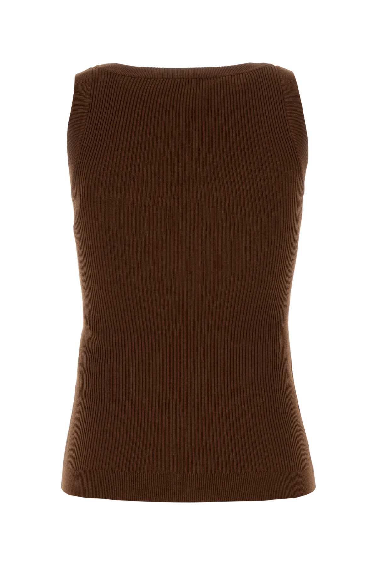 Miu Miu Ribbed Sleeveless Square Neck Cotton Top In Brown