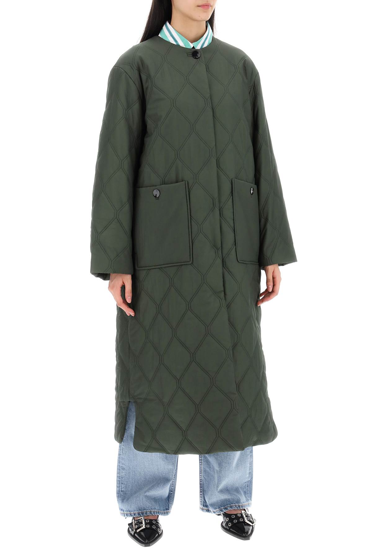 Shop Ganni Quilted Midi Coat In Kombu Green (green)