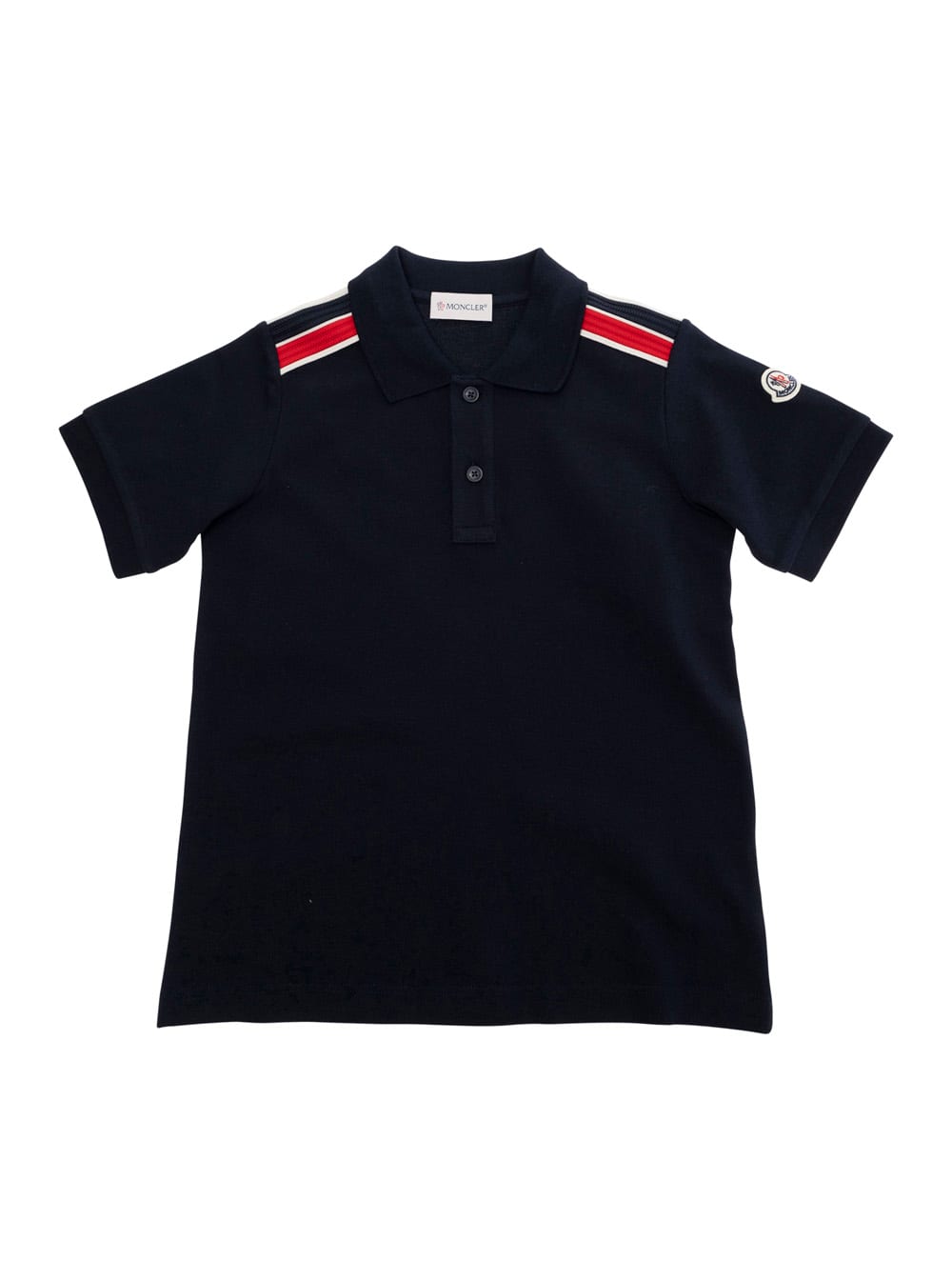 Moncler Blue Polo Shirt With Classic Collar With Striped Detail And Logo Patch On The Sleeve In Cotto Boy In Black