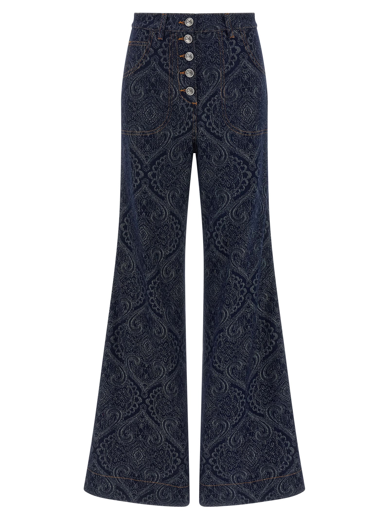 Etro Flared Jacquard Denim Jeans With Pegaso Buttons In Blue