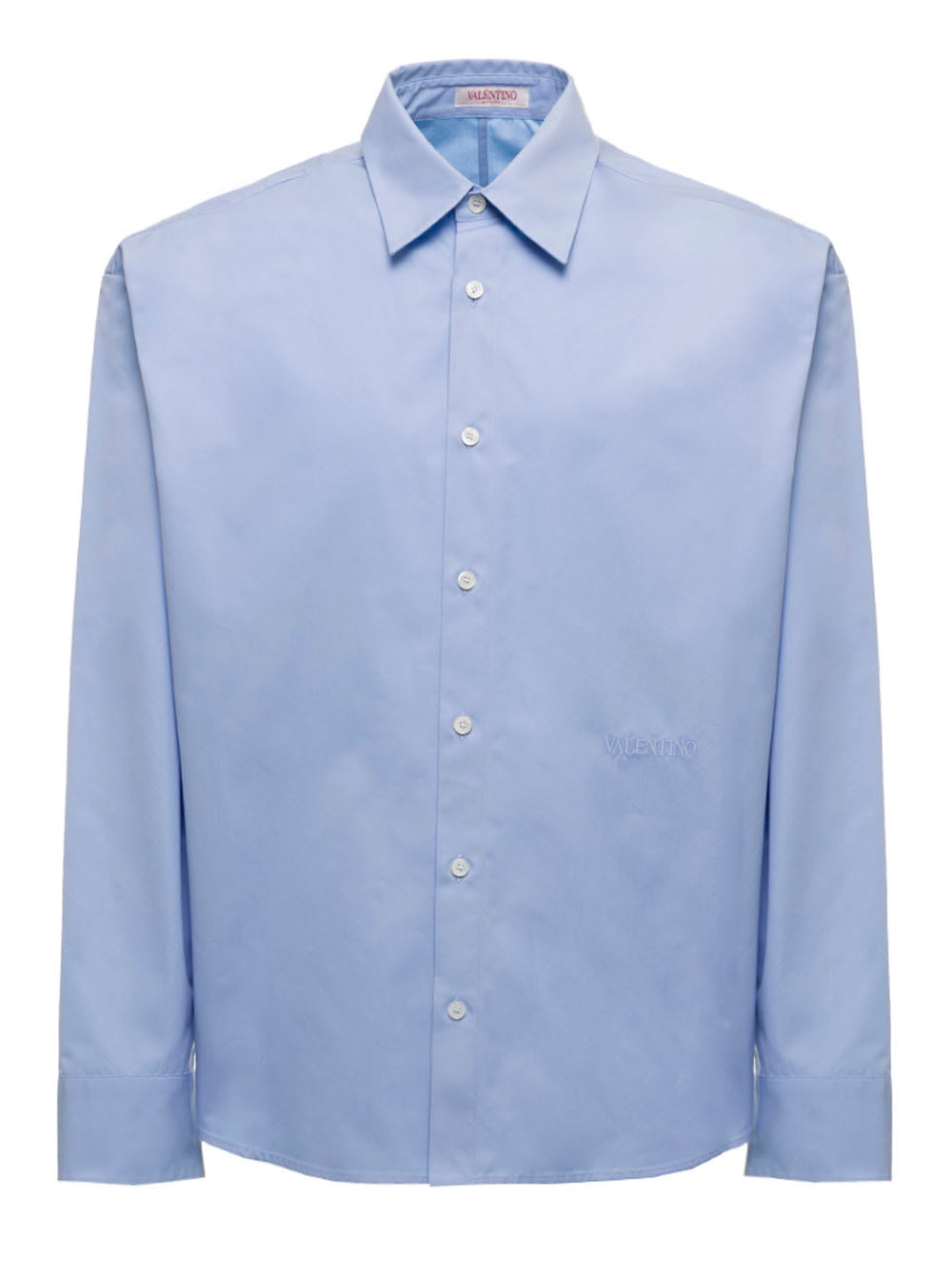 Valentino Mans Blue Cotton Poplin Shirt With Embroidered Logo