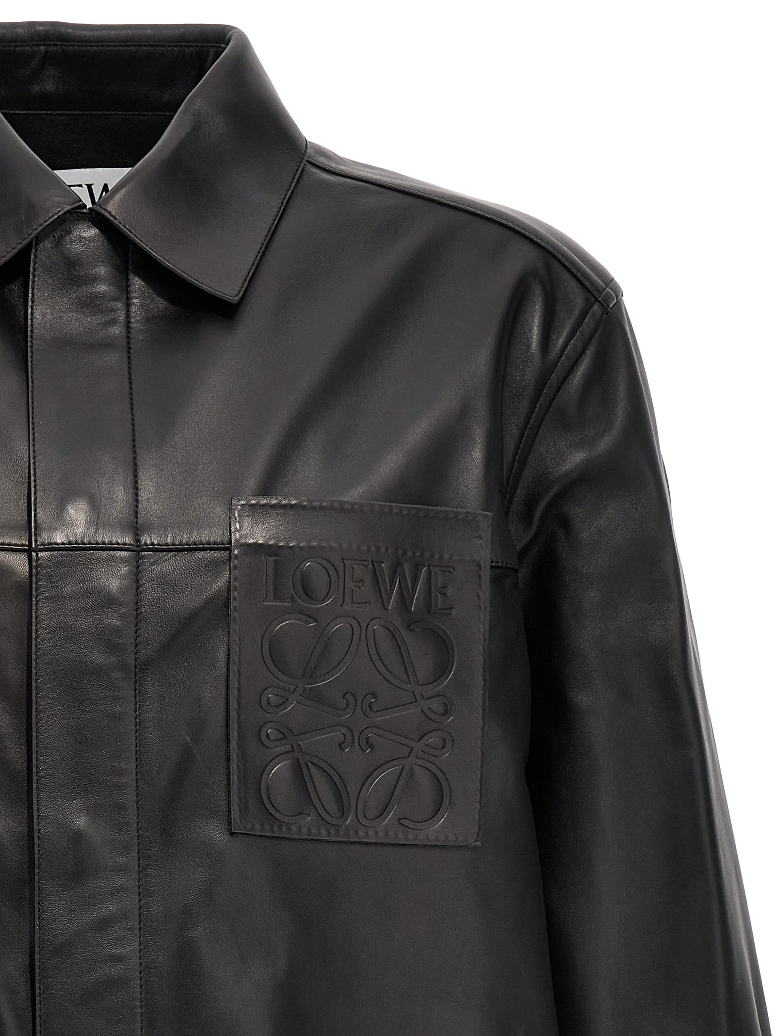 Loewe Anagram Leather Zip-up Overshirt In Black