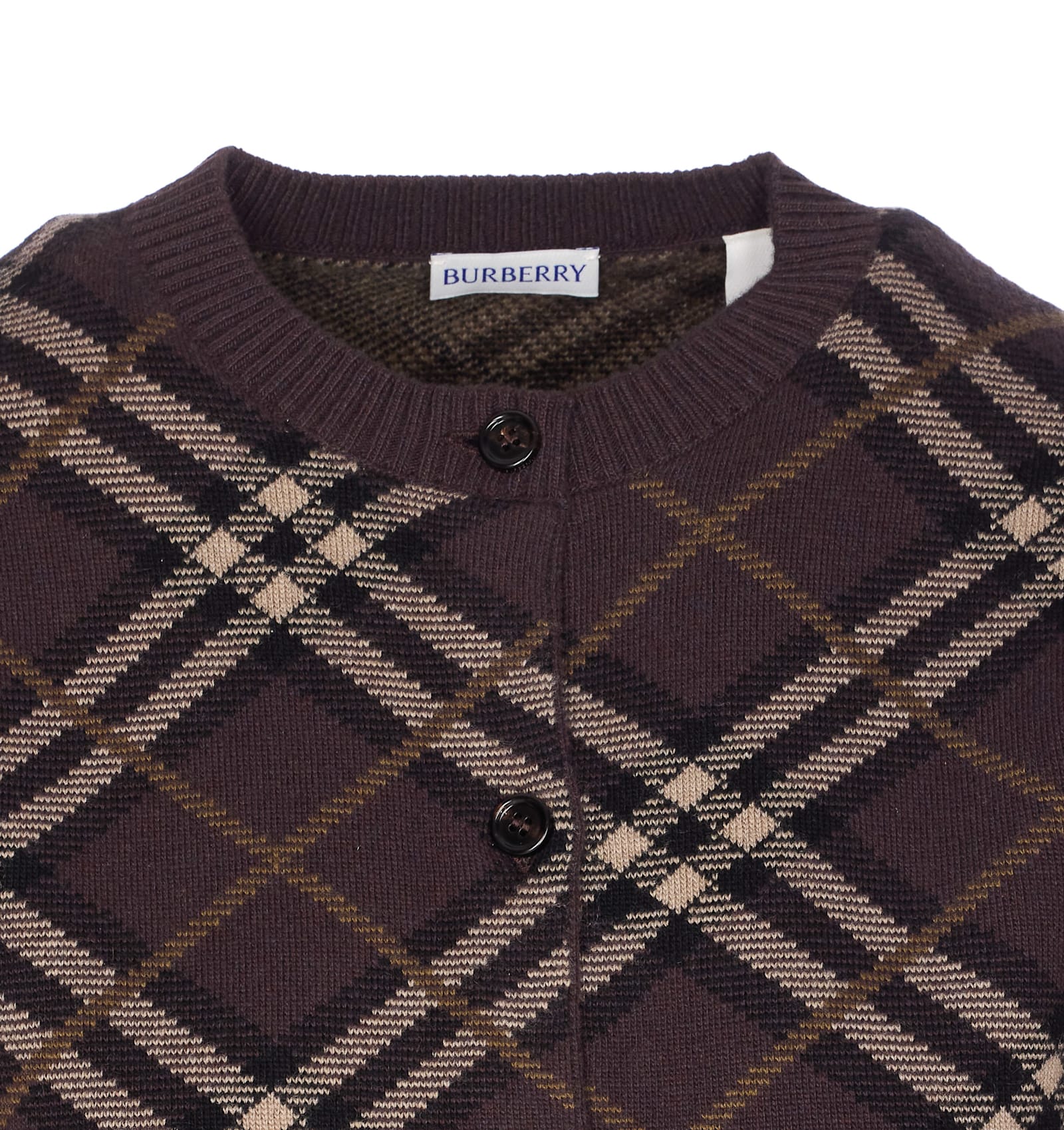 Burberry Long Sleeve Cardigan With Check Motif And Crewneck In Brown