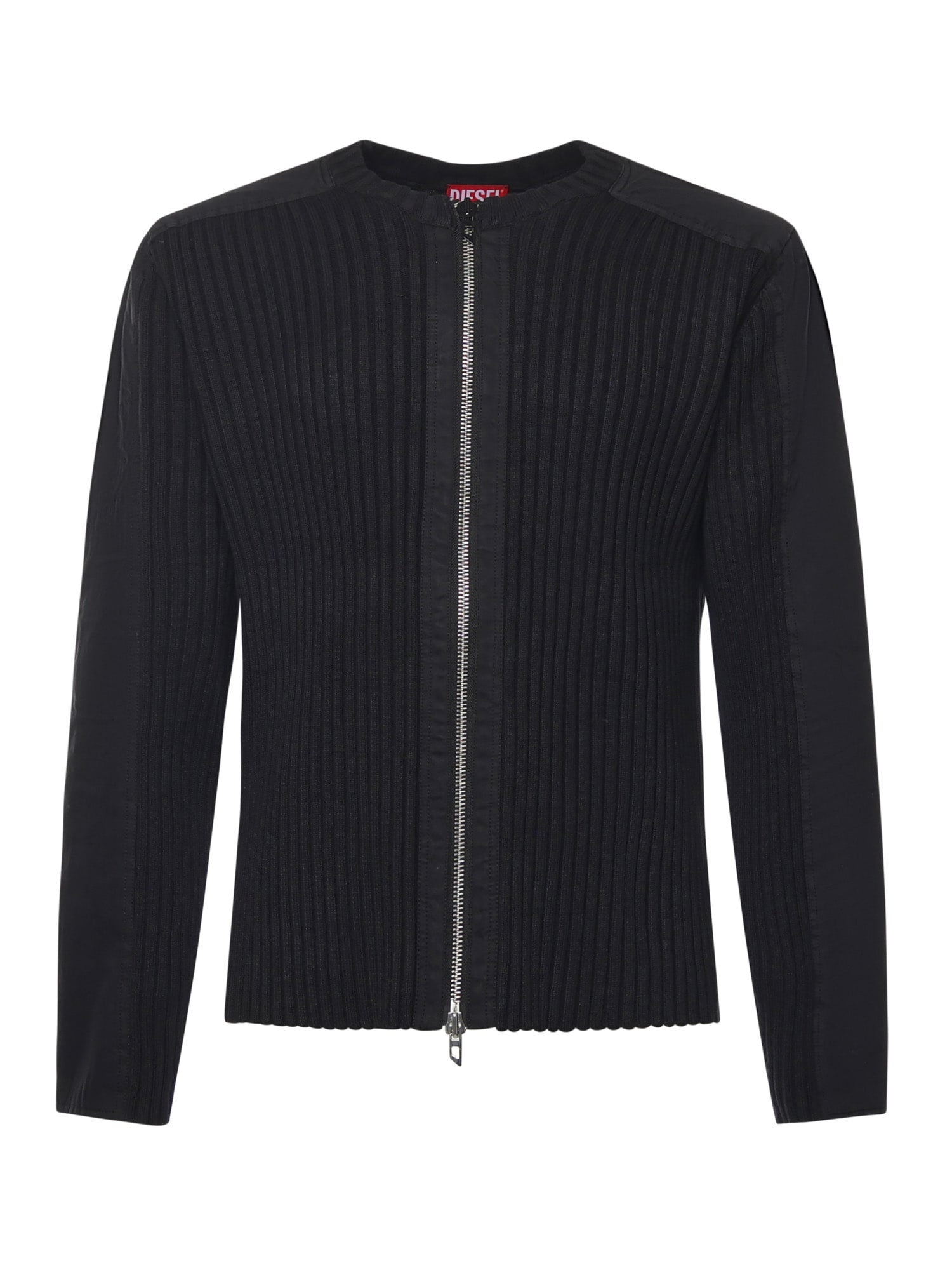 Diesel K-matty Black Crewneck Ribbed Knit Sweatshirt With Front Zip Closure In Cotton Man In Black
