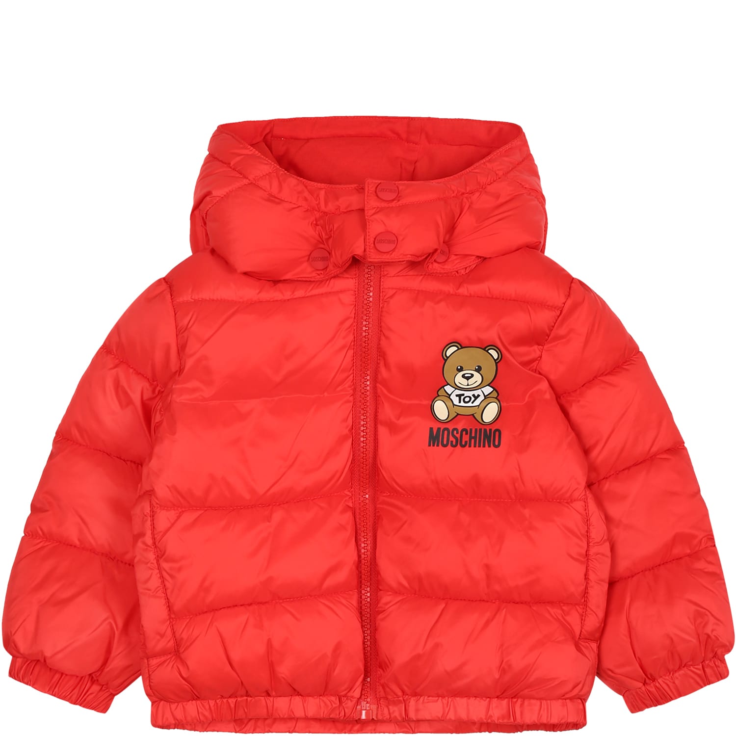 Moschino Red Down Jacket For Babykids With Teddy Bear And Logo