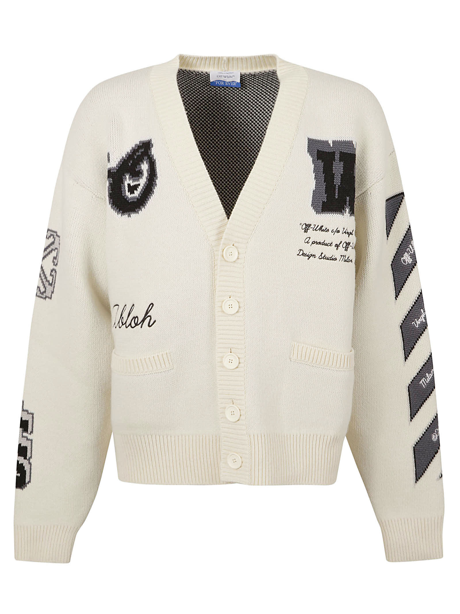 Off-white Varsity Knit Cardigan In Cream/black