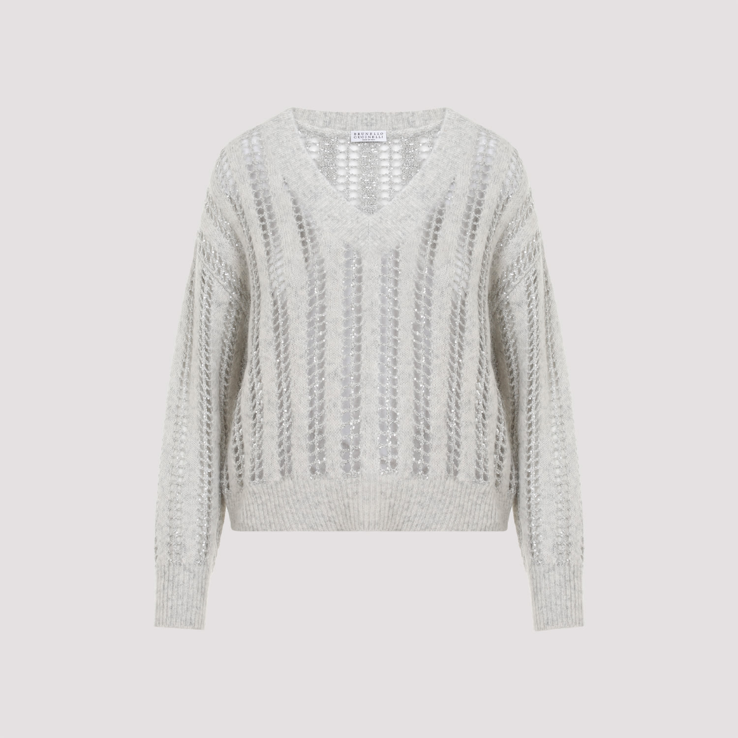 Shop Brunello Cucinelli 3d Ribbed And Shiny Net Sweater In Pearl Grey