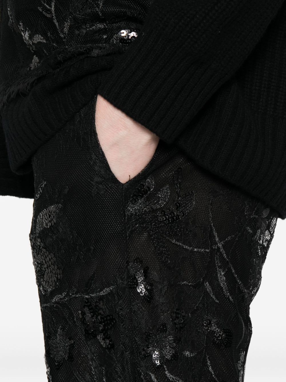Ermanno Firenze Sheer Black Trousers With Intricate Floral Embroidery In Black