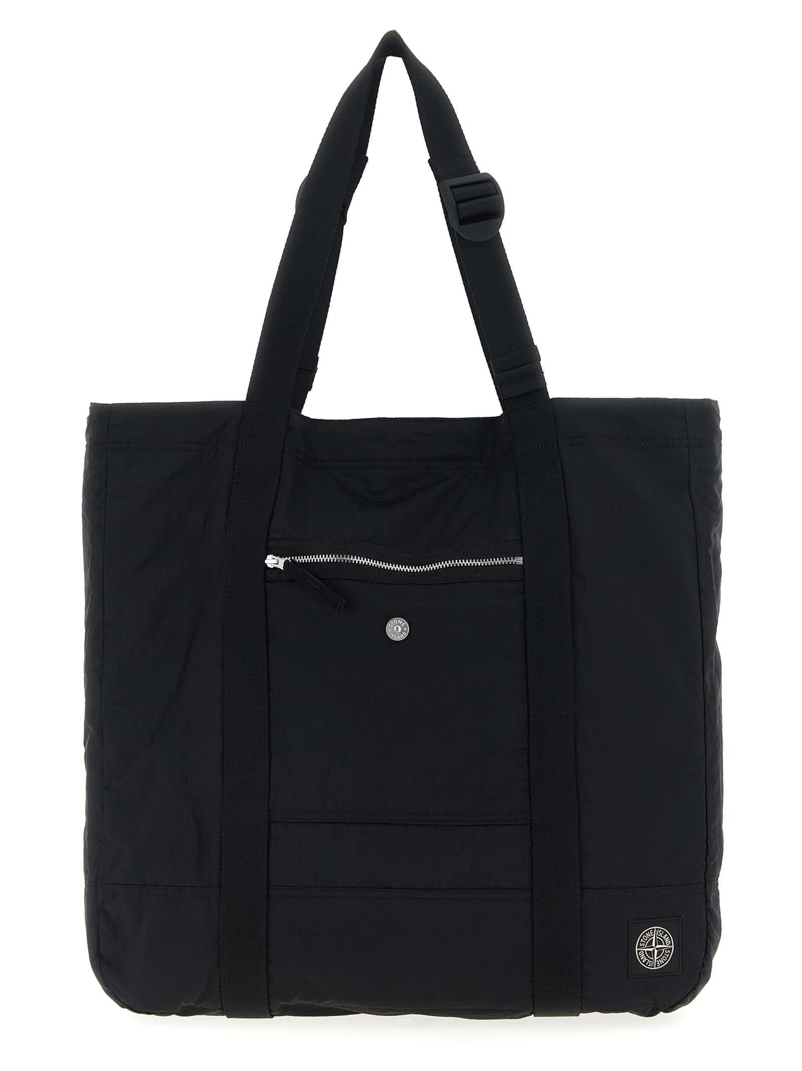 Stone Island Logo Patch Shopping Bag Tote Bag Black In Black