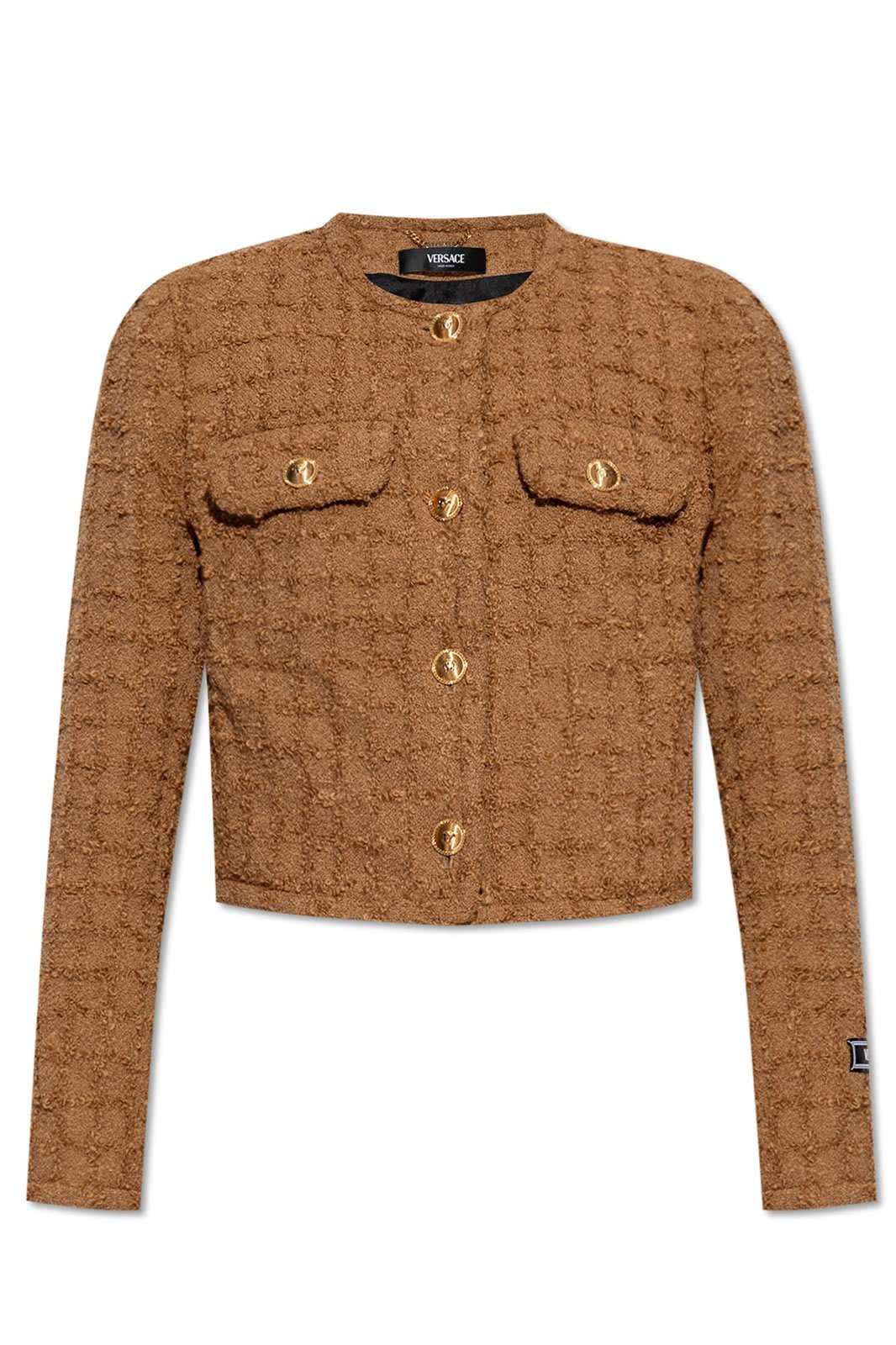 Shop Versace Heritage Button-up Tweed Jacket In Tan