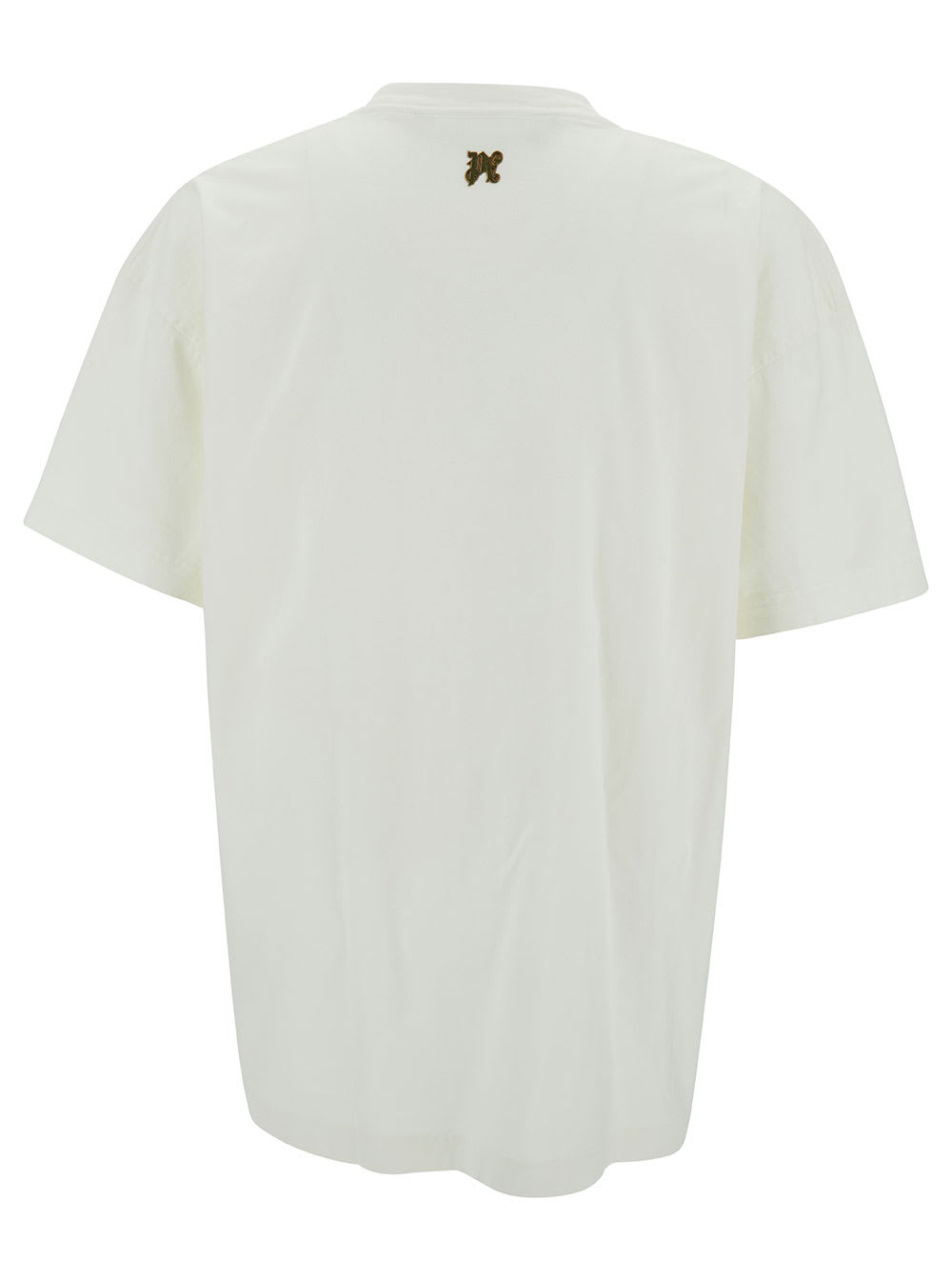Shop Palm Angels White Crewneck T-shirt With Foggy Logo Print In Cotton Man