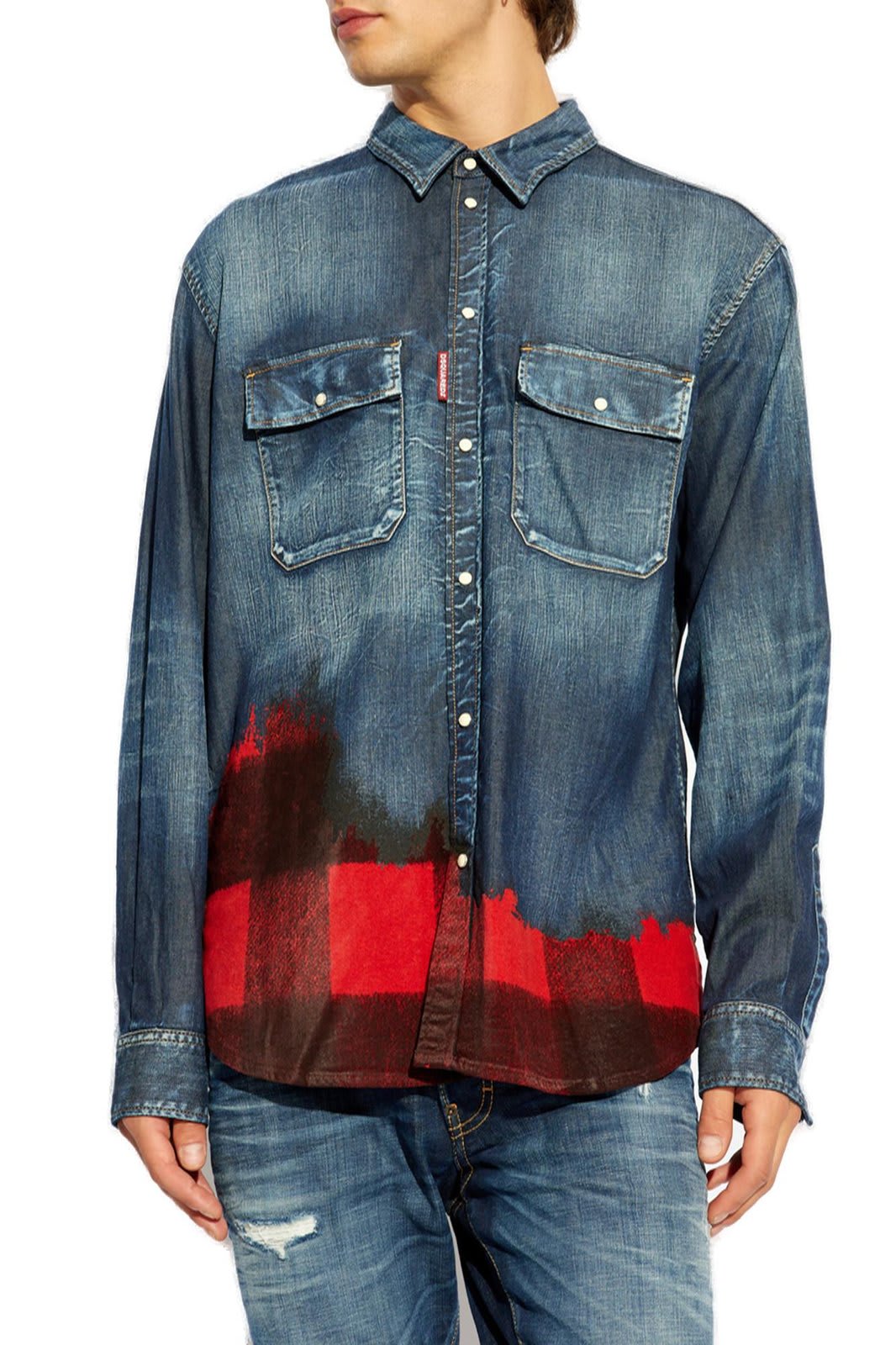 Shop Dsquared2 Checked Long-sleeved Denim Shirt In Blue/red