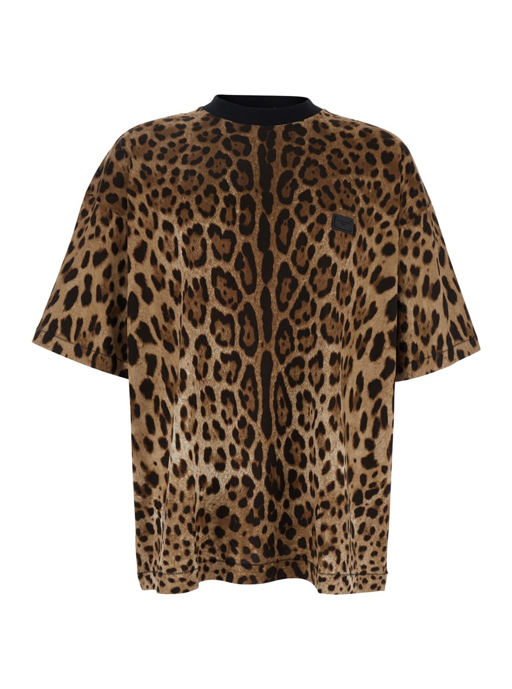 Brown T-shirt With All-over Leopard Motif In Cotton Man