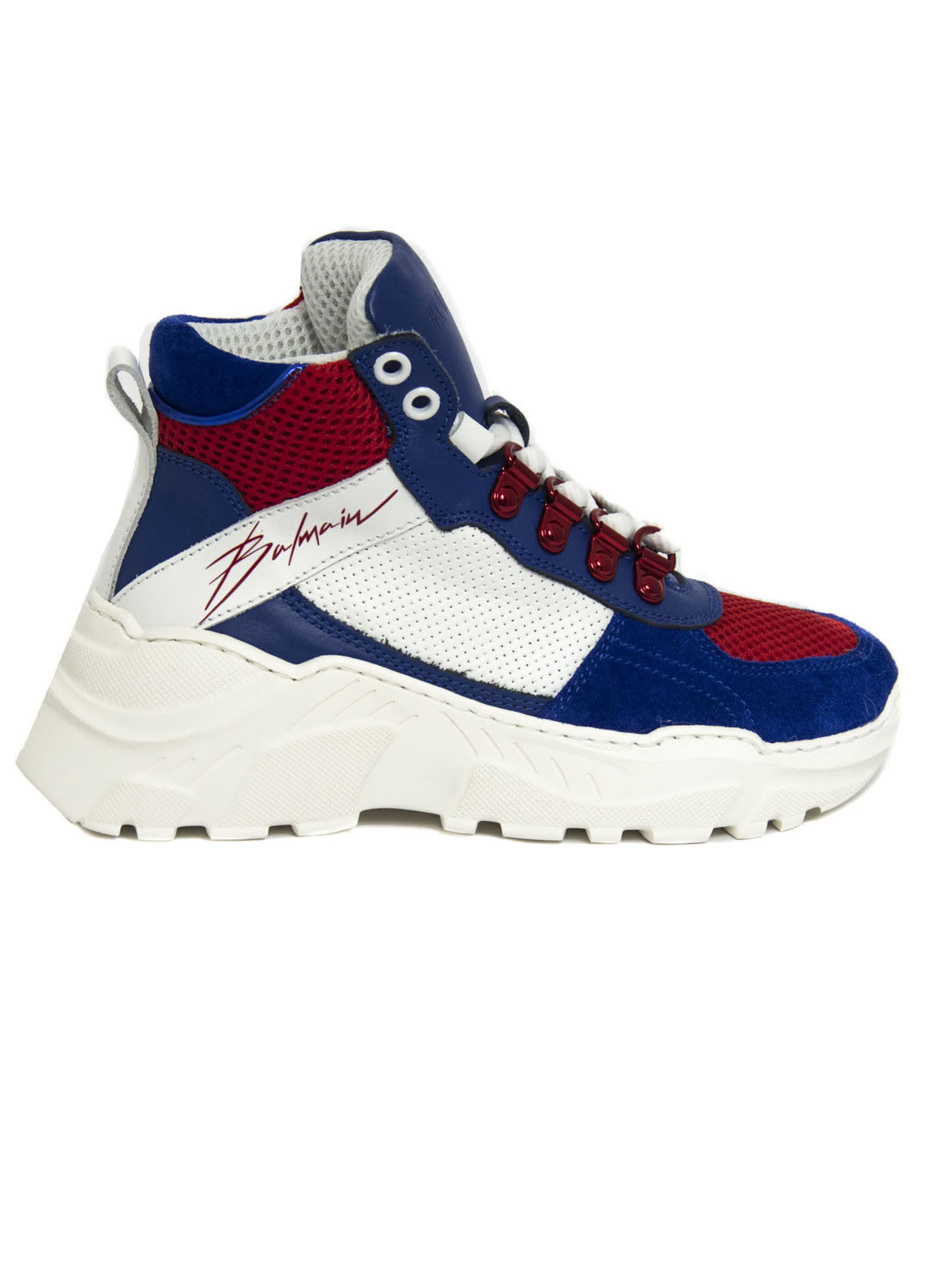 Balmain Blue, Red And White Suede And Leather Hi-top Sneaker