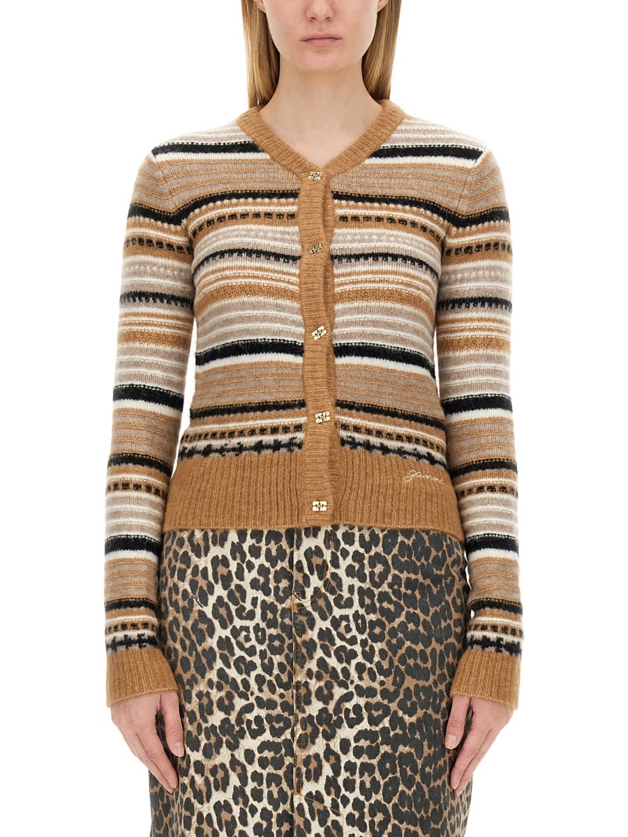 Shop Ganni Cardigan With Stripe Pattern In Beige