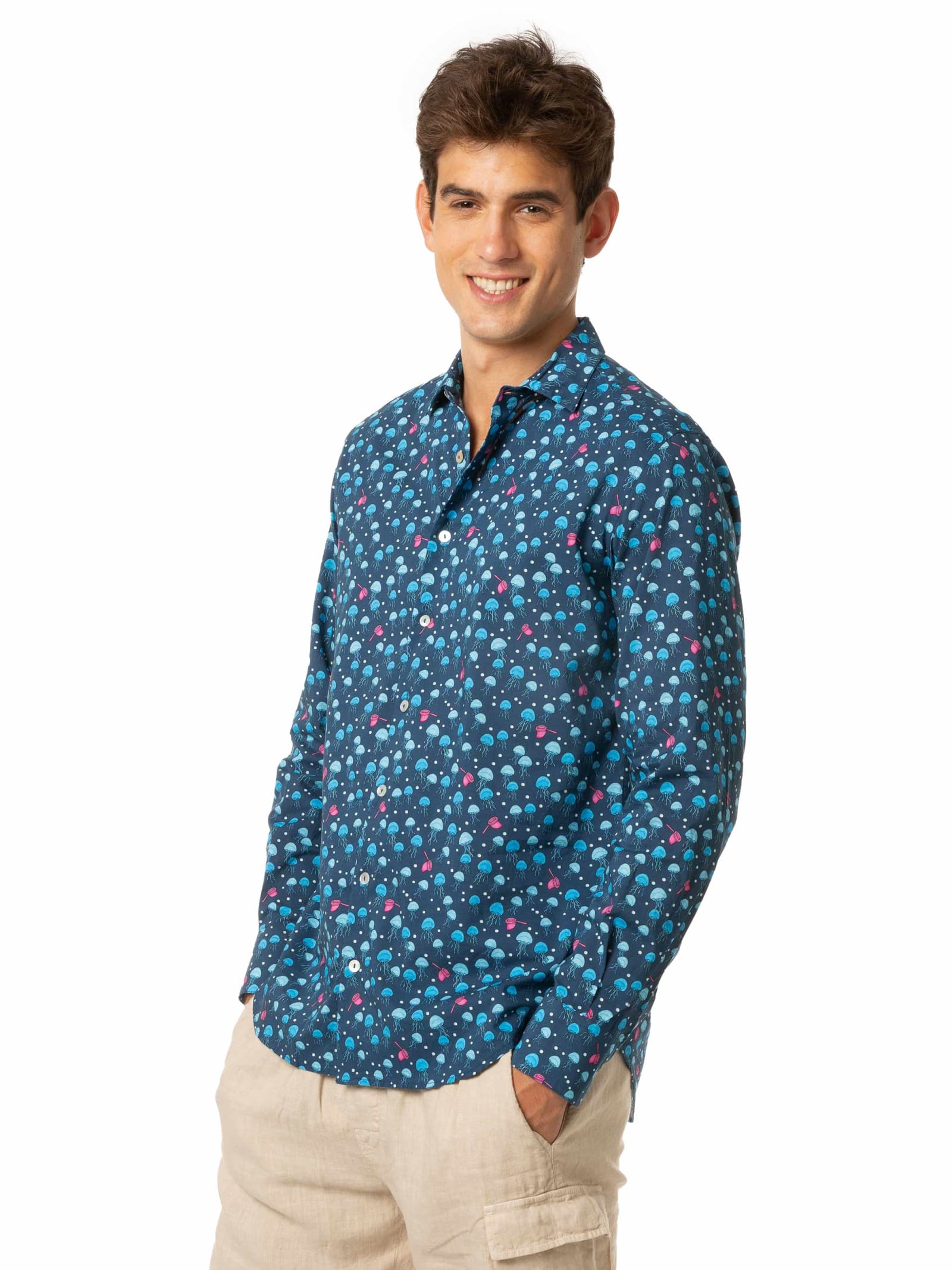 Mc2 Saint Barth Man Cotton Shirt With Jellyfish Print In Blue