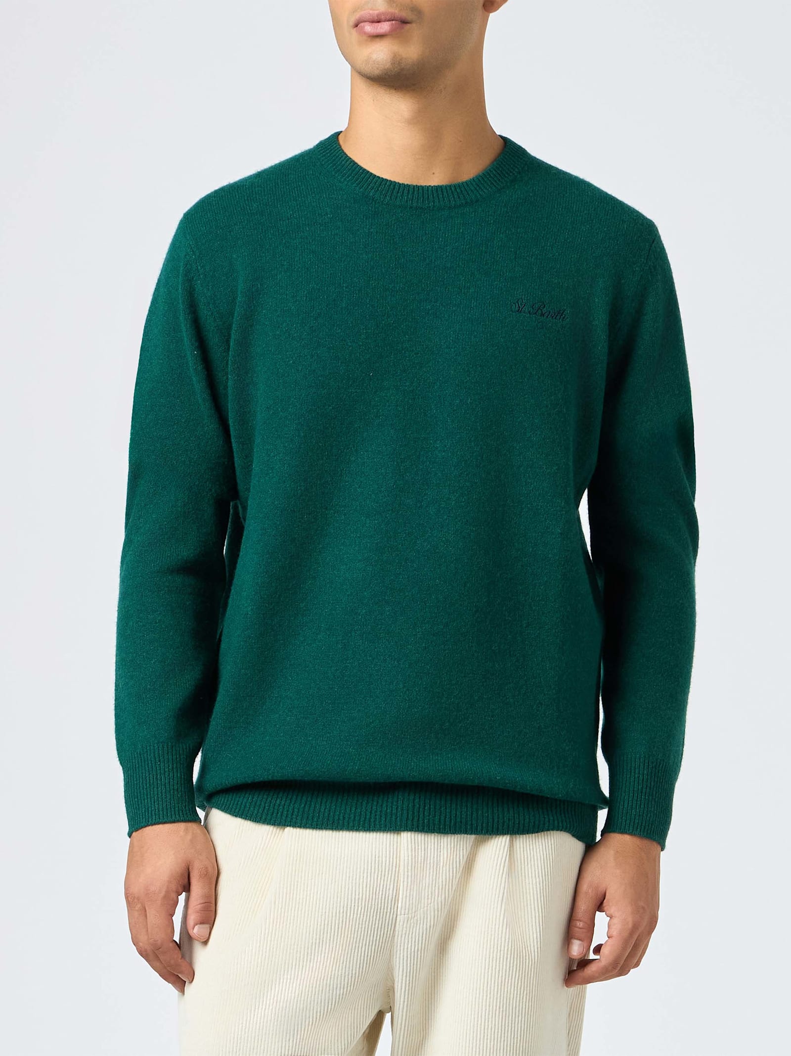 Man Crewneck Green Sweater With St. Barth Embroidery