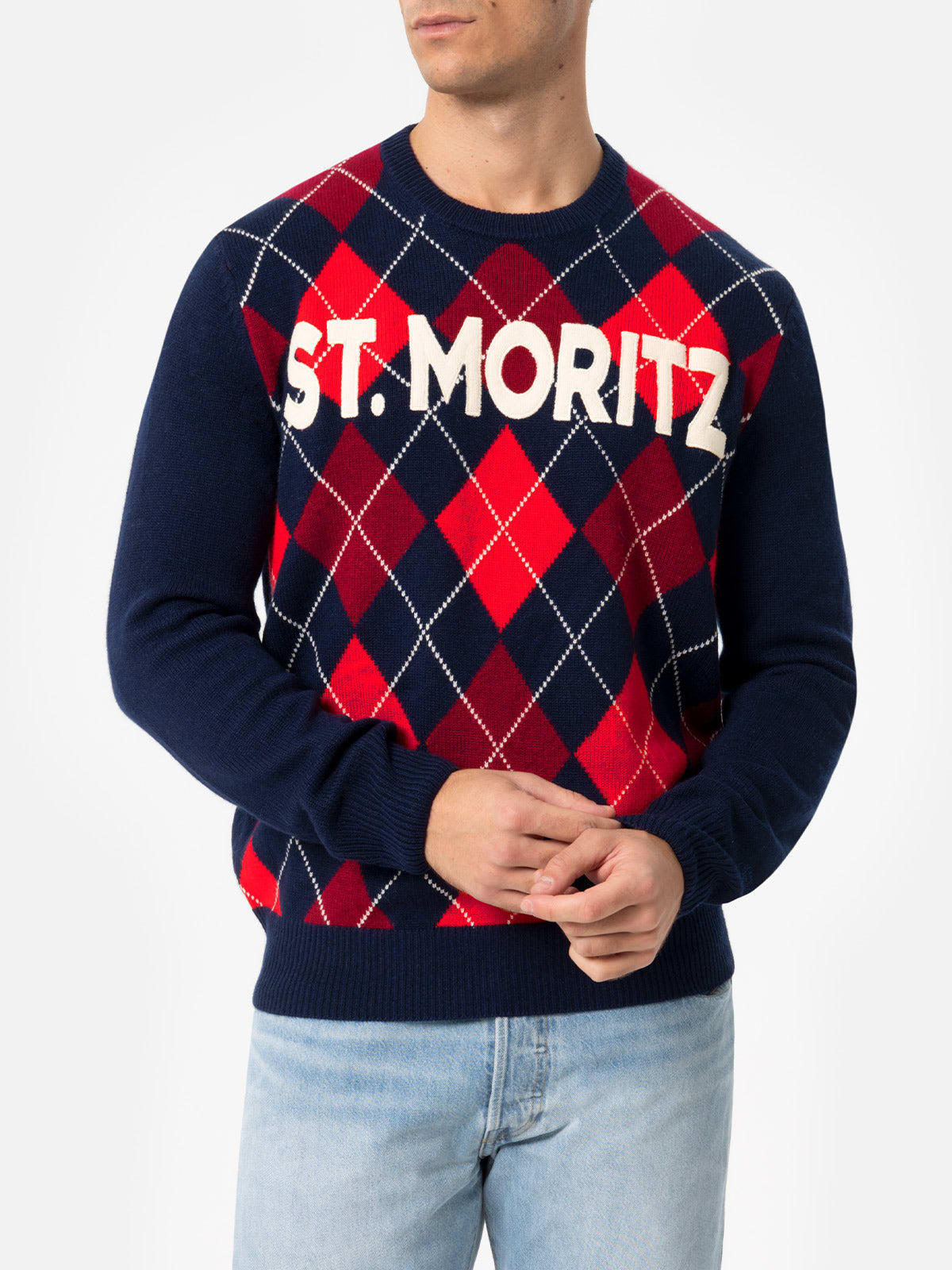 MC2 Saint Barth Crewneck Sweater Heron With Argyle St. Moritz Jacquard