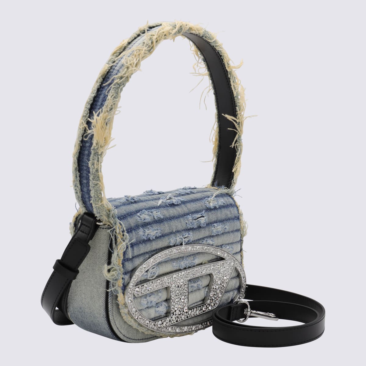 Diesel 1dr Denim Canvas Shoulder Bag With Crystal Appliques In Blue
