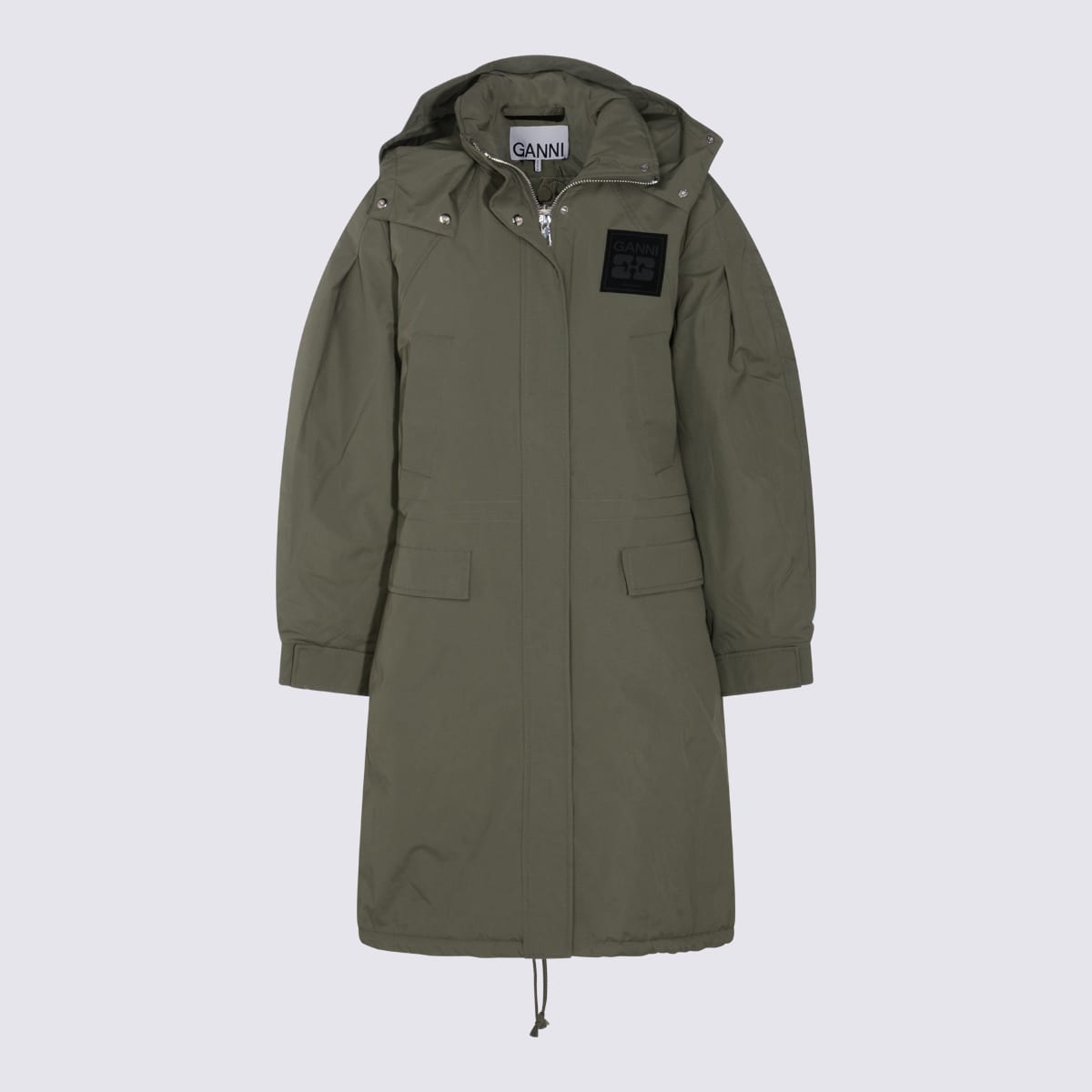 Ganni Military Green Nylon Down Jacket In Green