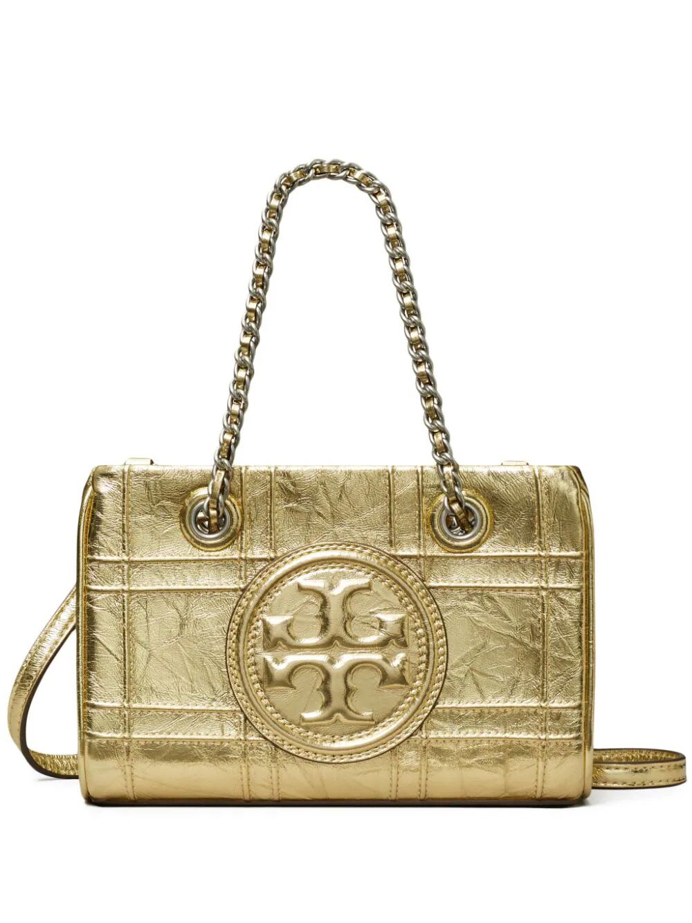 Shop Tory Burch Fleming Soft Metallic Quilt Mini Chain Tote In Kt Gold