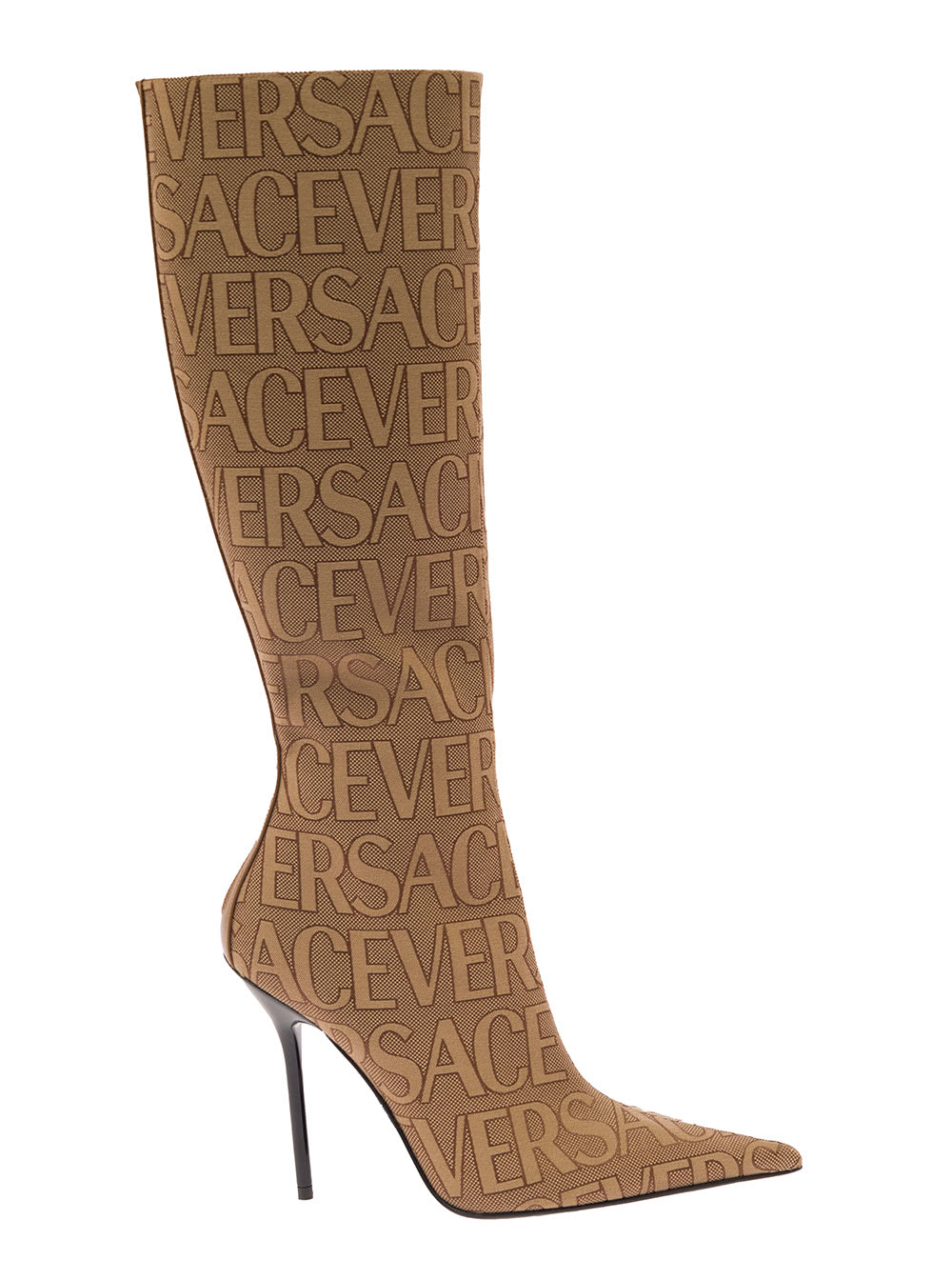 Versace Beige Pointed Knee-high Boots With Versace Allover Logo Beige In Canvas Woman