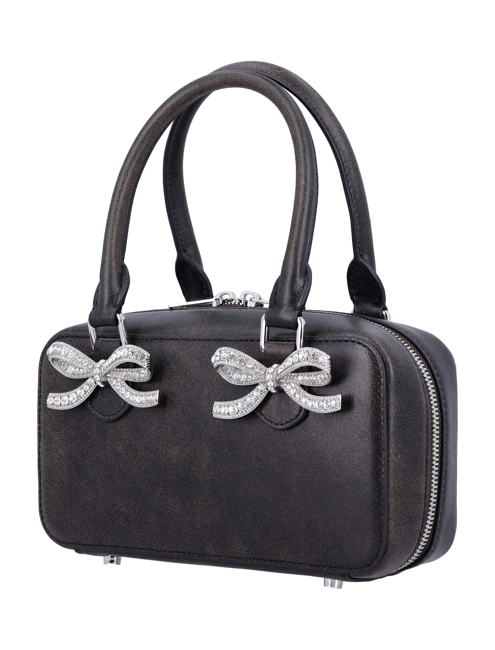 Shop Self-portrait Distressed Leather Mini Tote Bag In Black