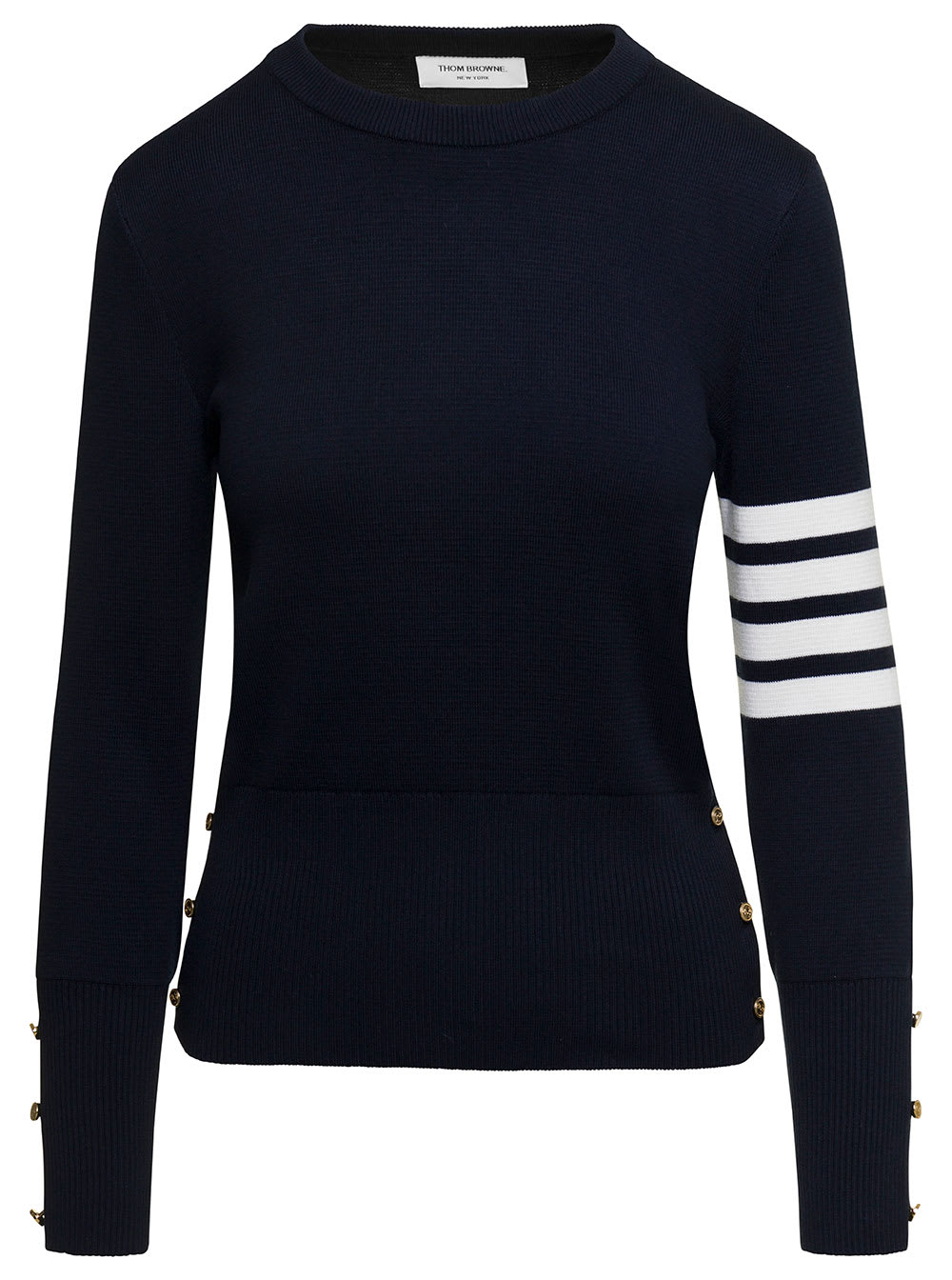 THOM BROWNE MILANO SWEATER WITH FOUR BAR DETAILING IN BLUE COTTON WOMAN