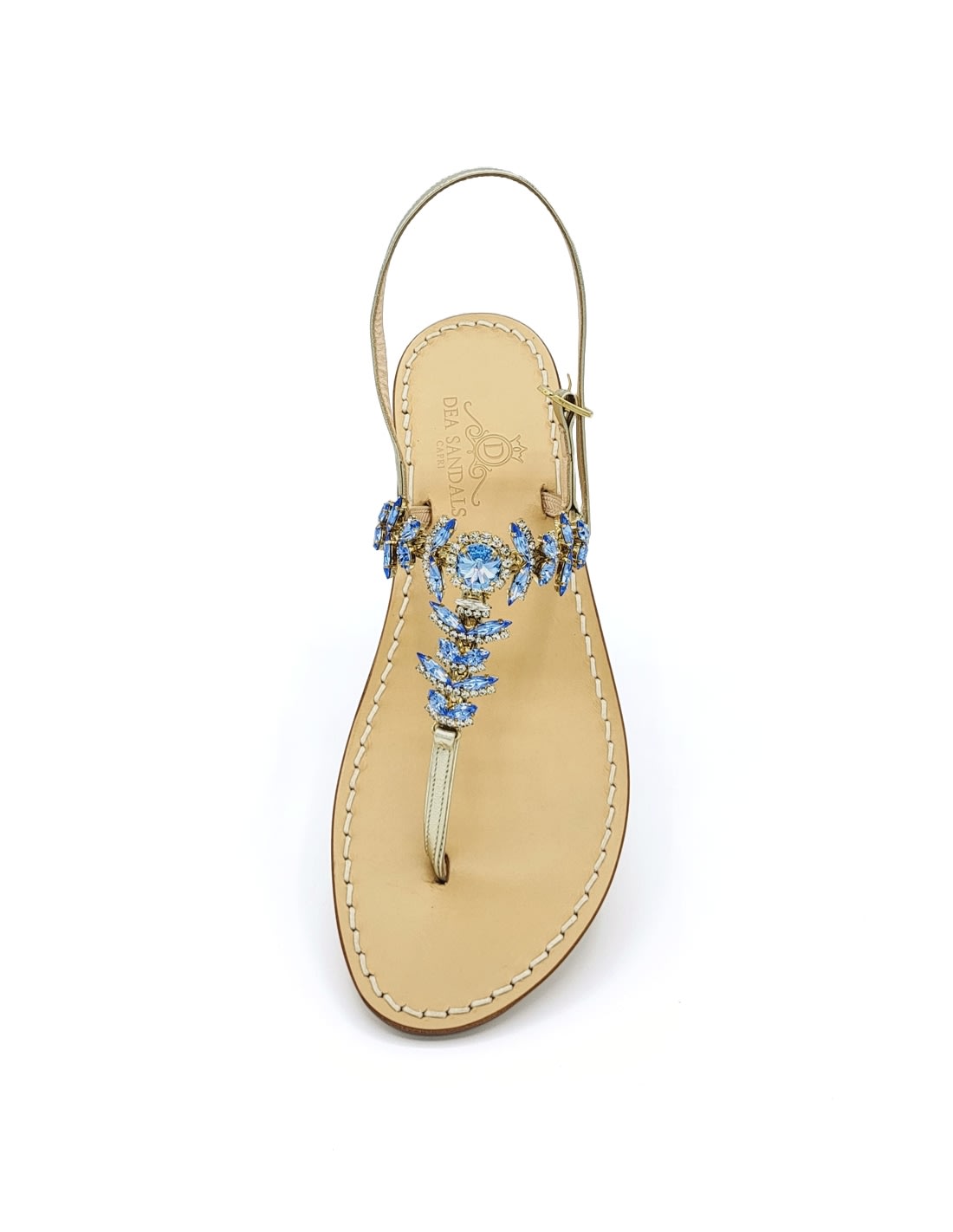 Dea Sandals Agave Light Blue Jewel Sandals In Platinum Gold Laminated, Blue, Crystal