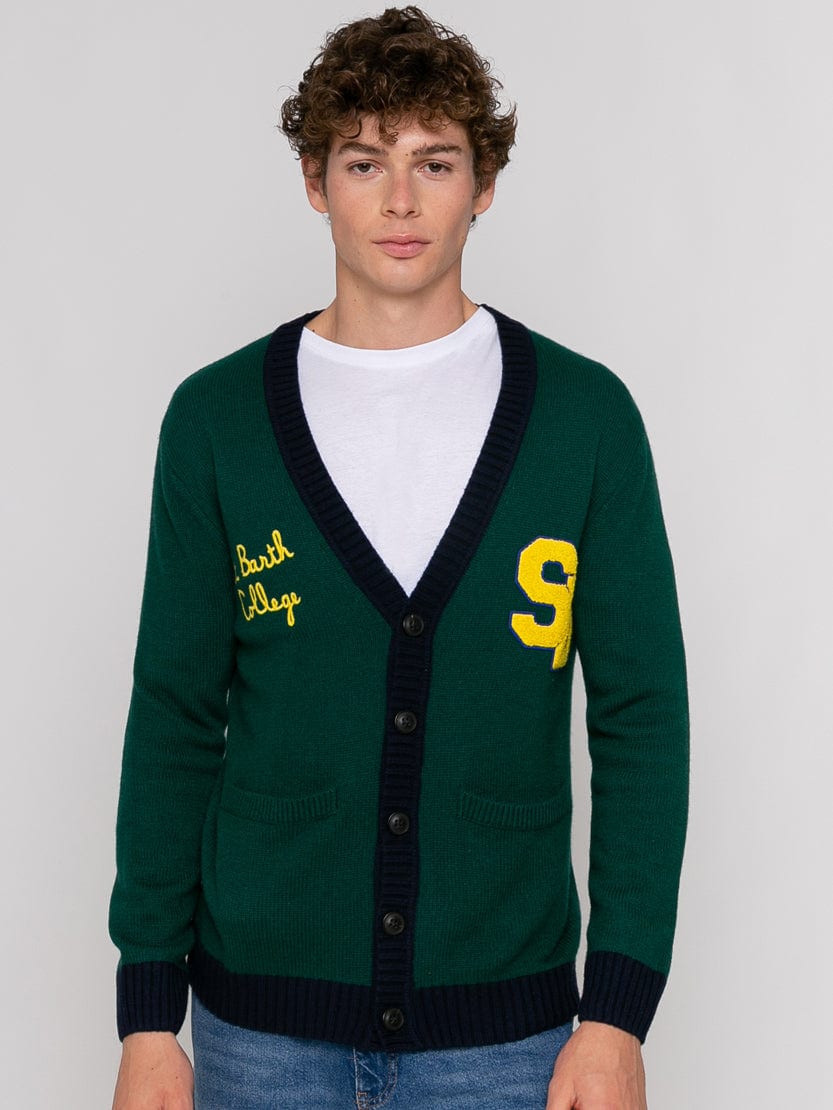 Mc2 Saint Barth Knitted Cardigan With Patch And St. Barth College Embroidery In Green