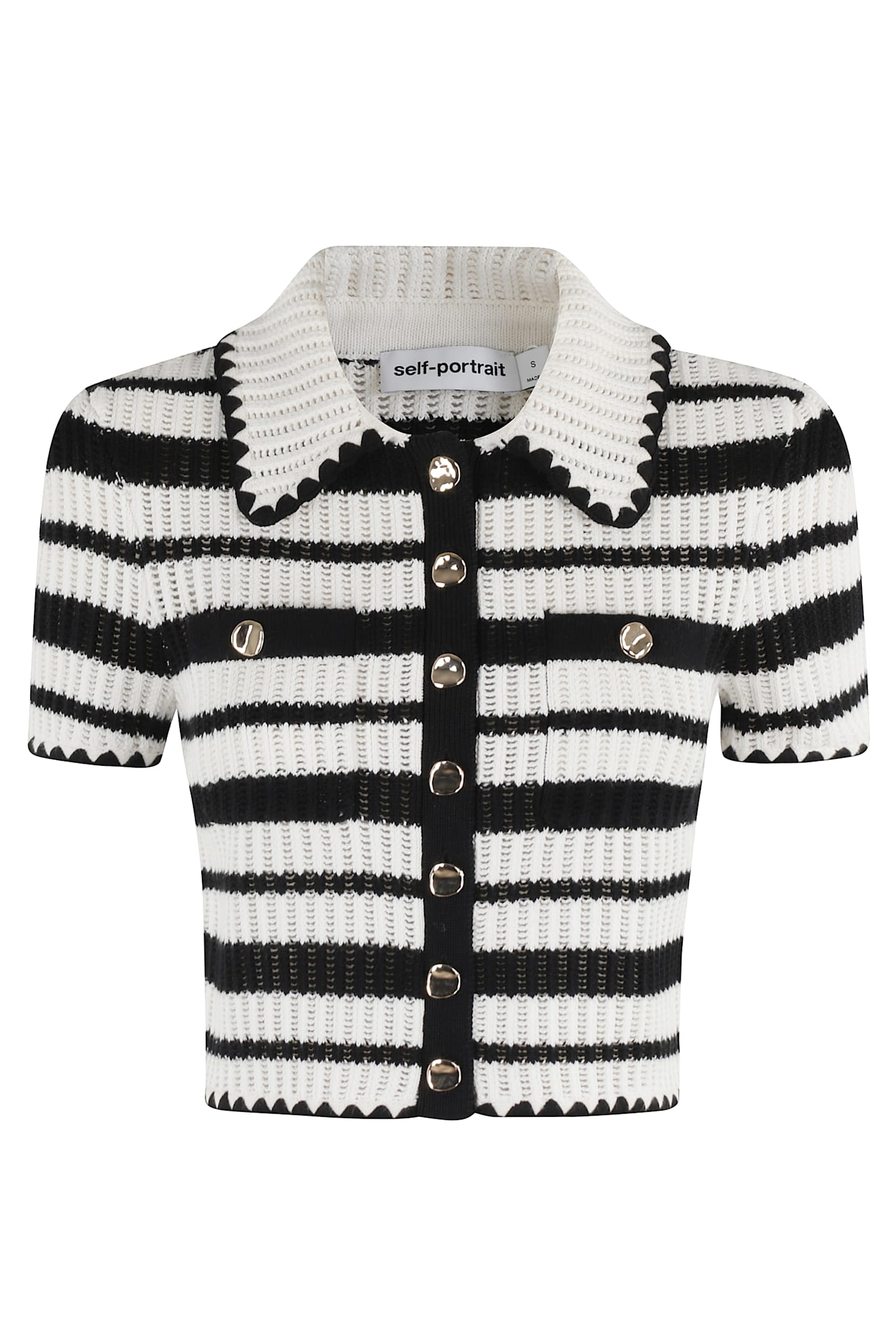 Shop Self-portrait Striped Crochet Top In Cream Black