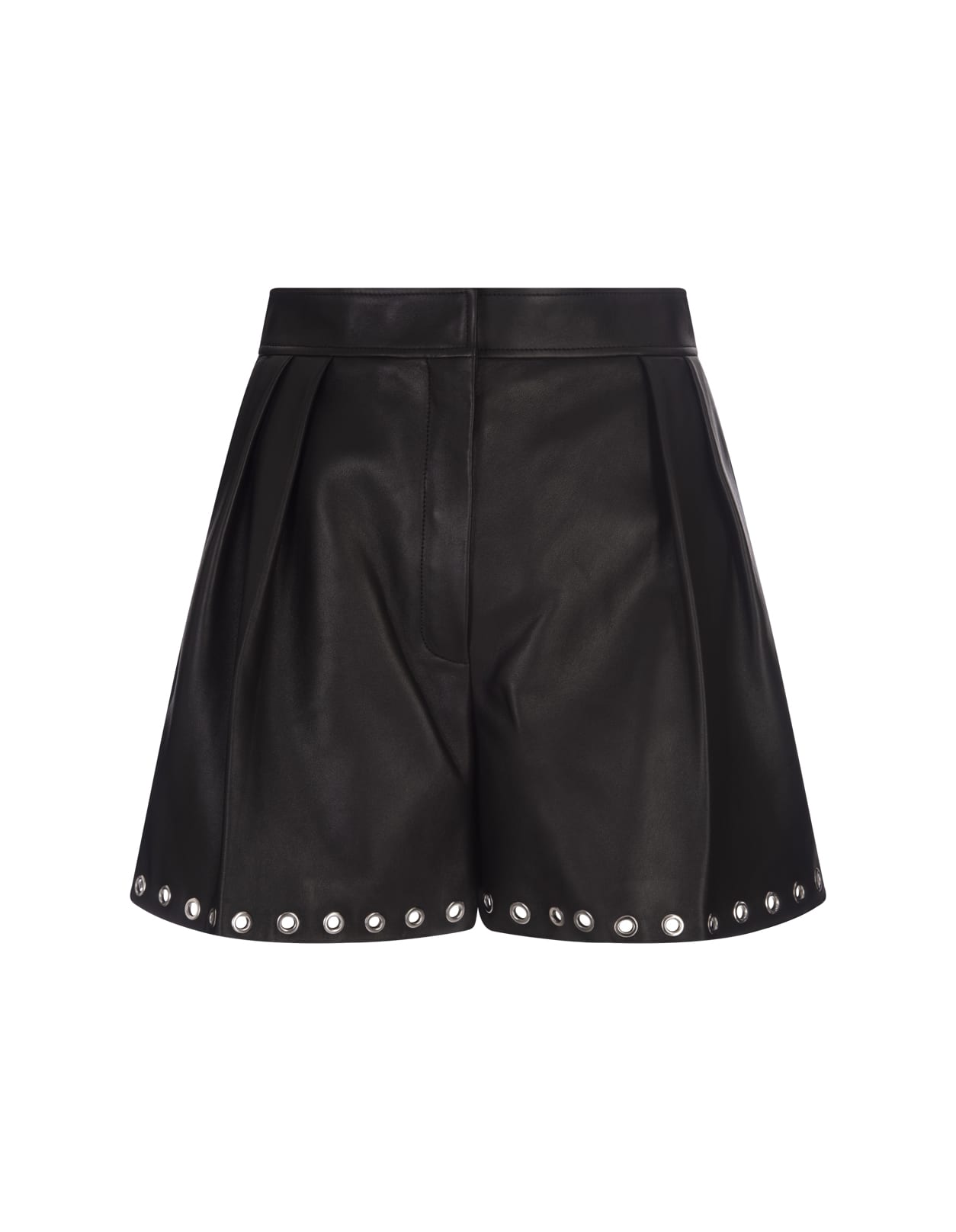ALEXANDER MCQUEEN BLACK LEATHER SHORTS WITH METAL EYELETS