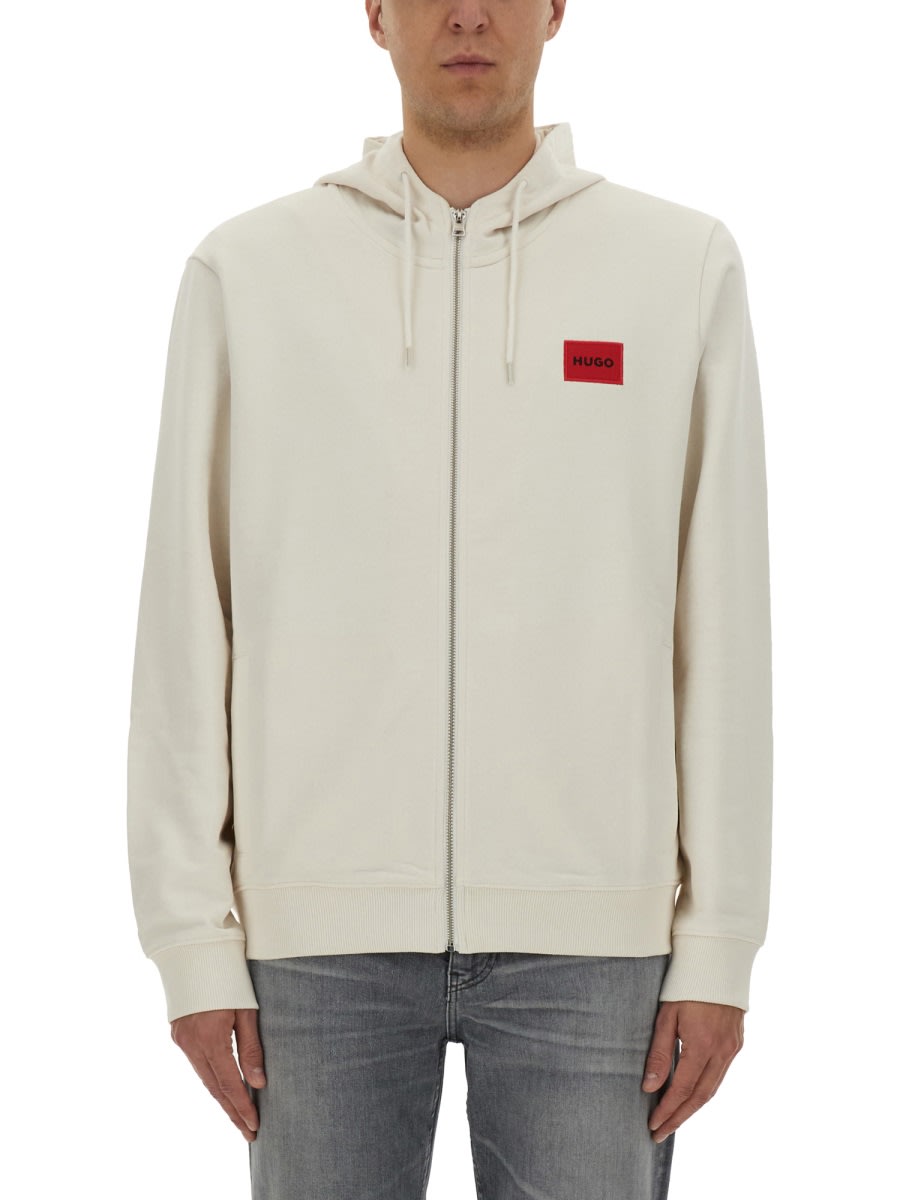 Hugo Boss Hooded Sweatshirt With Ribbed Trim In White