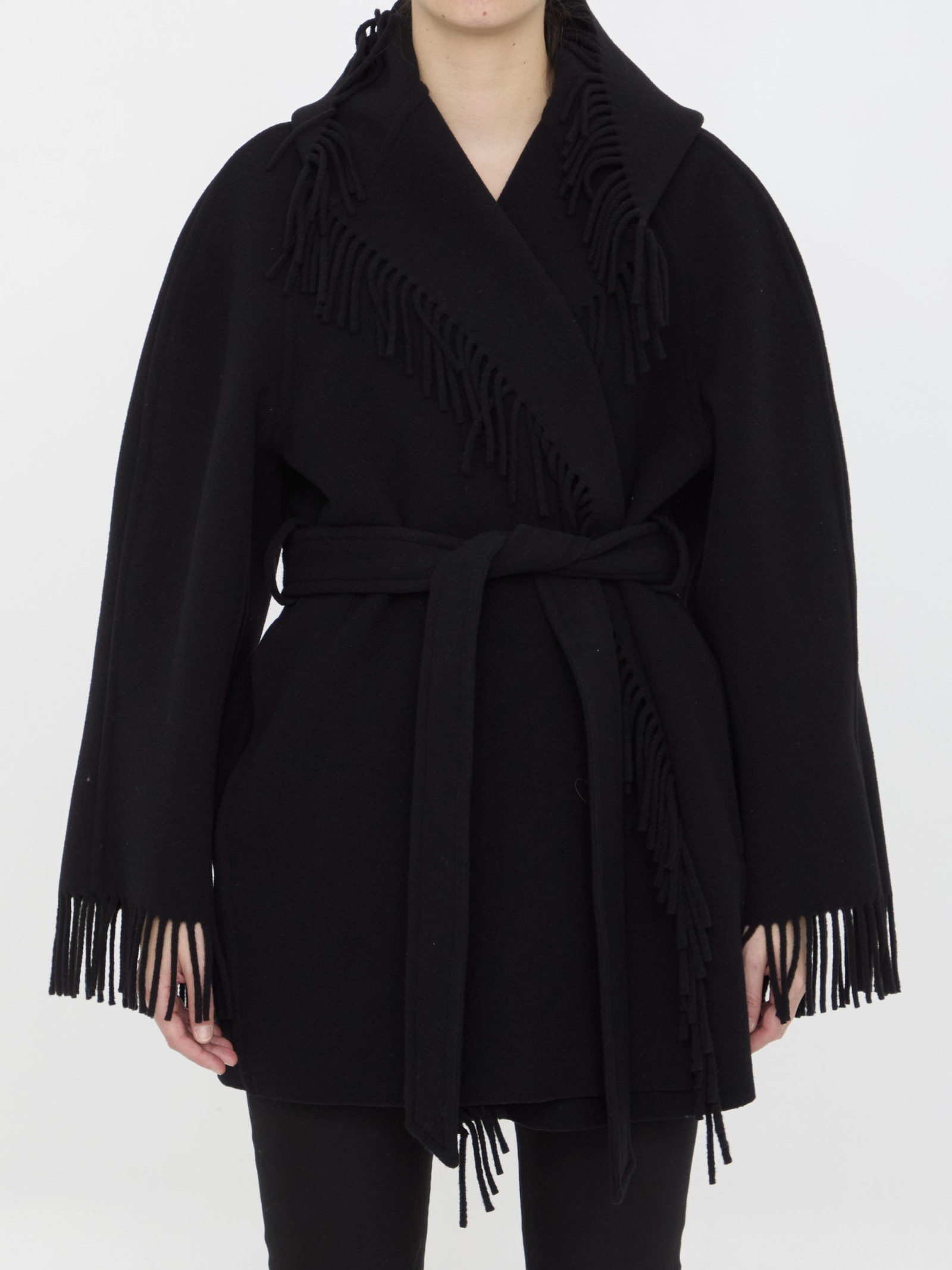 Shop Balenciaga Fringe Coat In Black