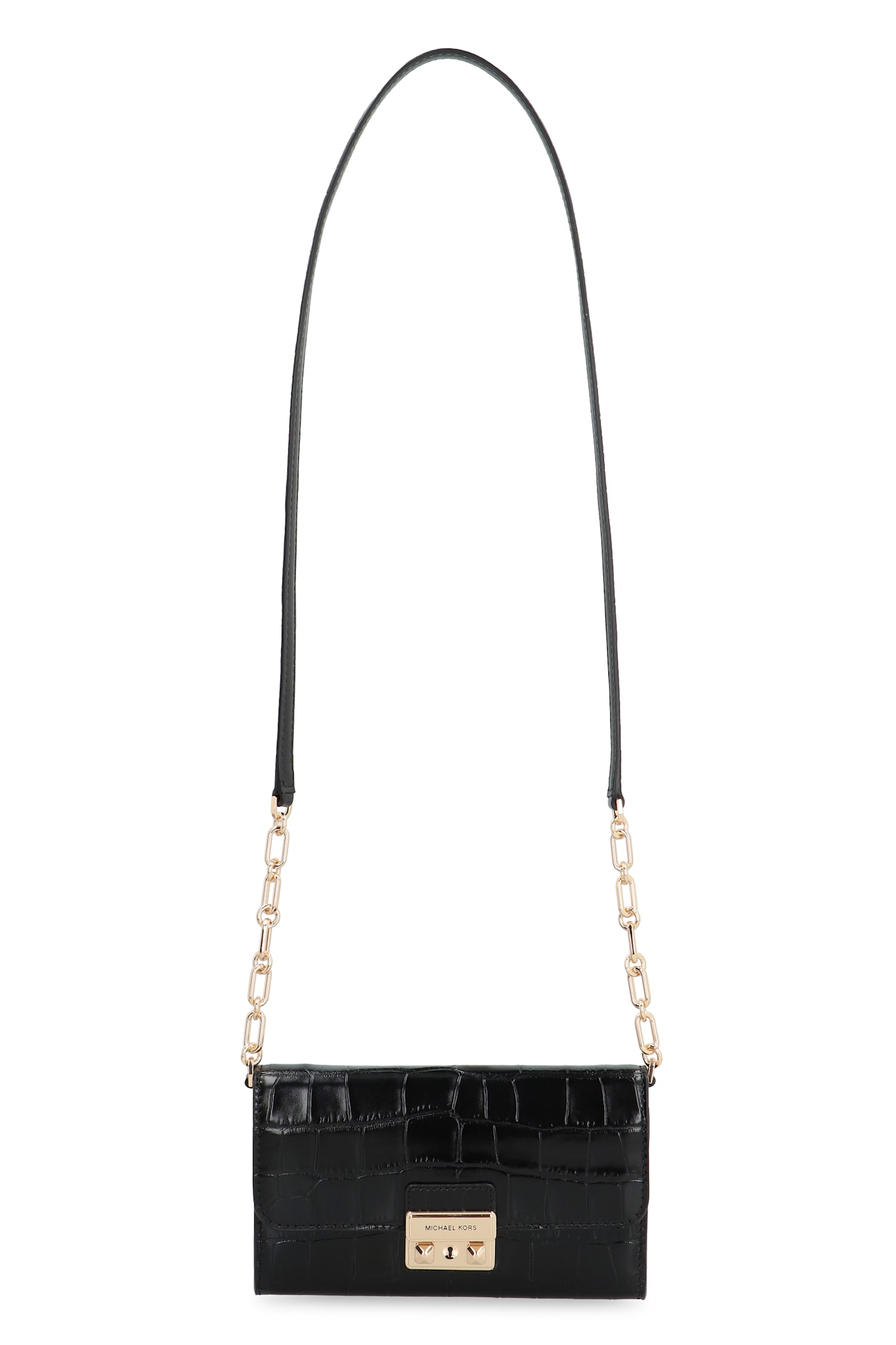 Shop Michael Michael Kors Tribeca Leather Wallet On Chain In Black