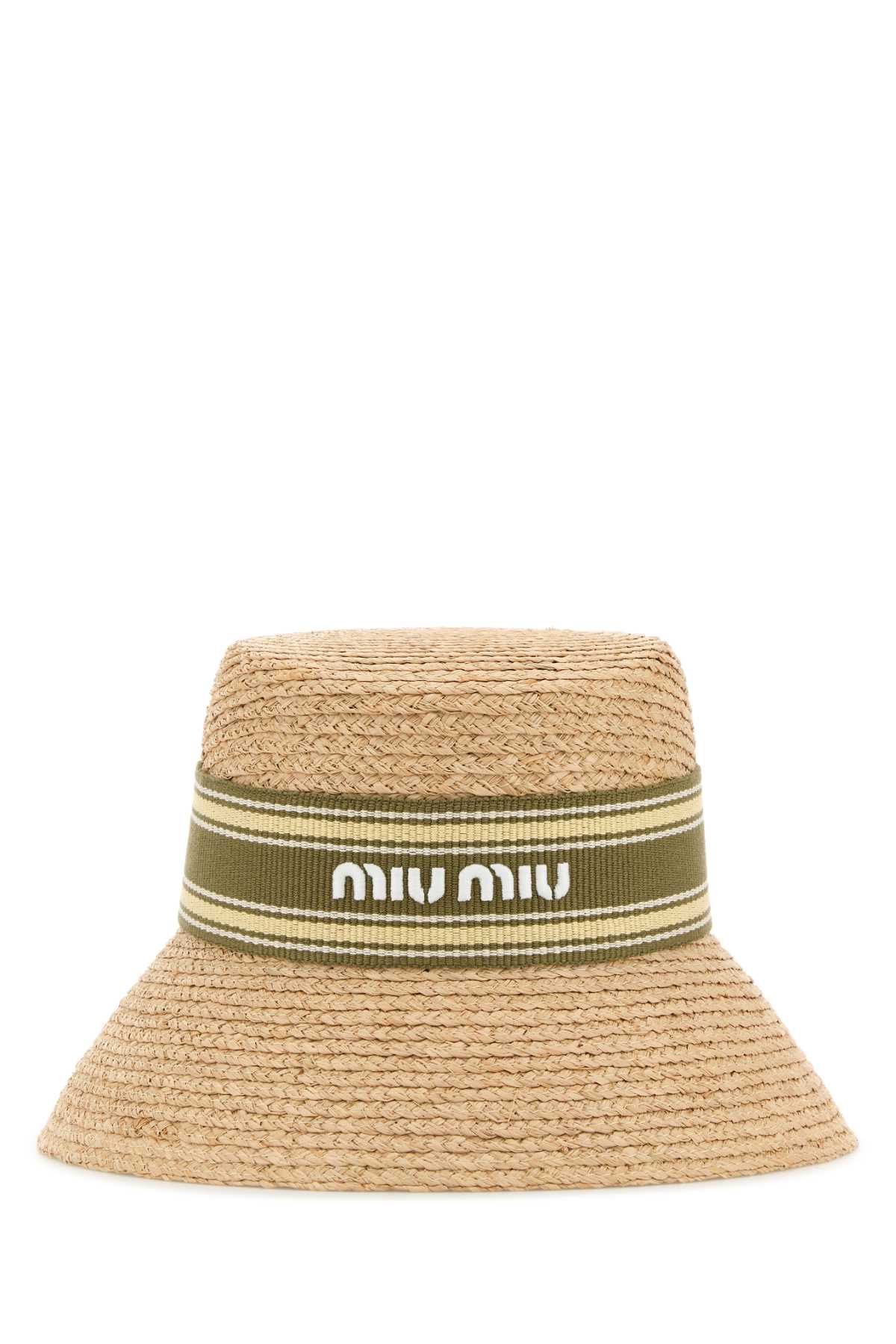 Miu Miu Raffia Hat With Ribbon Band And Wide Brim In Brown