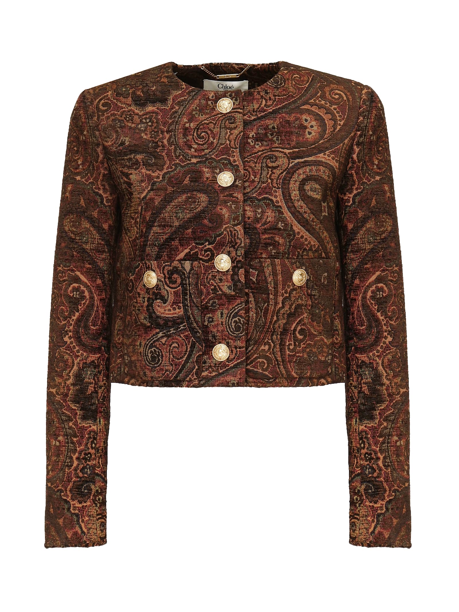 Chloé Multicolor Cropped Jacket With Round Neck And All-over Motif In Cotton Blend Woman In Brown