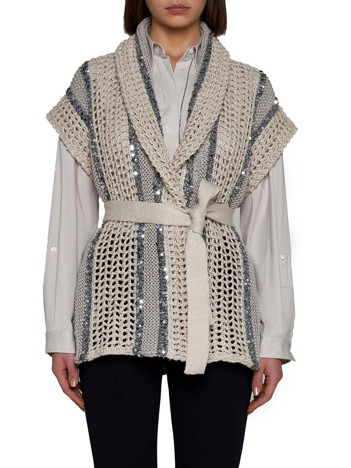 Shop Brunello Cucinelli Sequin Embellished Chunky Knit Vest In Neutrals