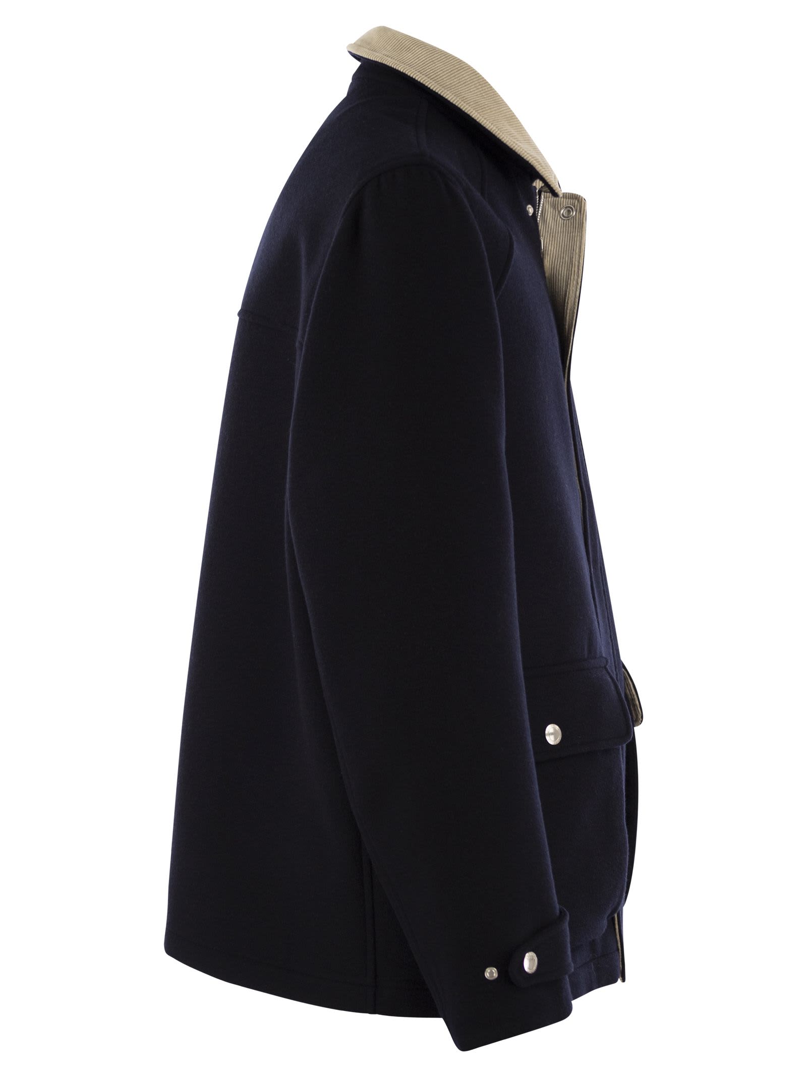 Shop Brunello Cucinelli Outerwear In Beaver Double Wool With Corduroy Inserts In Navy