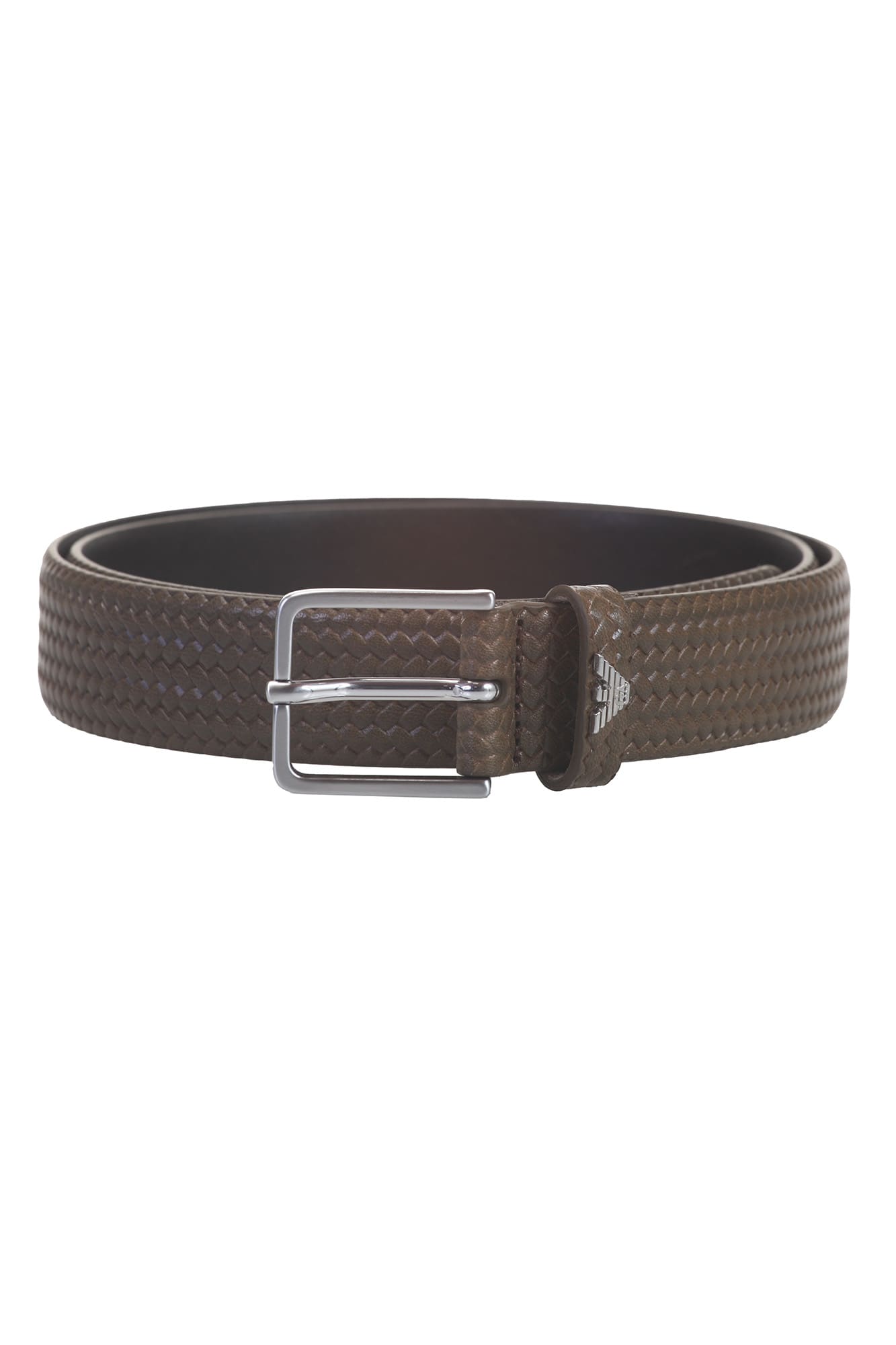 Emporio Armani Woven Effect Printed Leather Belt In Fango